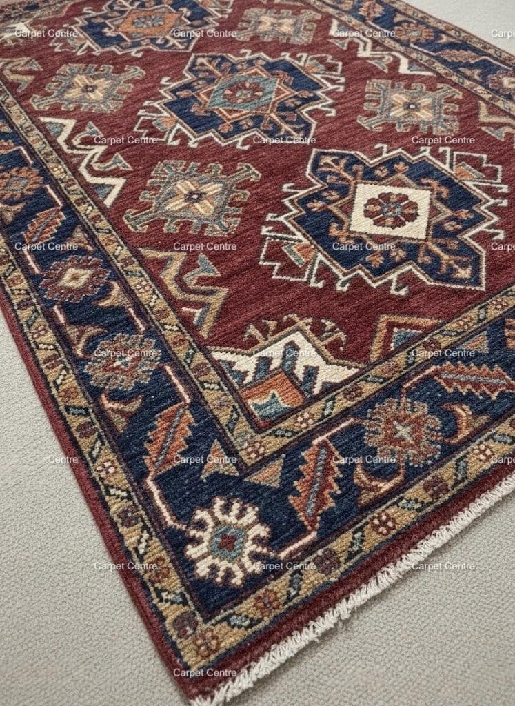 Hand-Knotted Red Oushak Wool Rug, Heriz Medallion, Navy Border