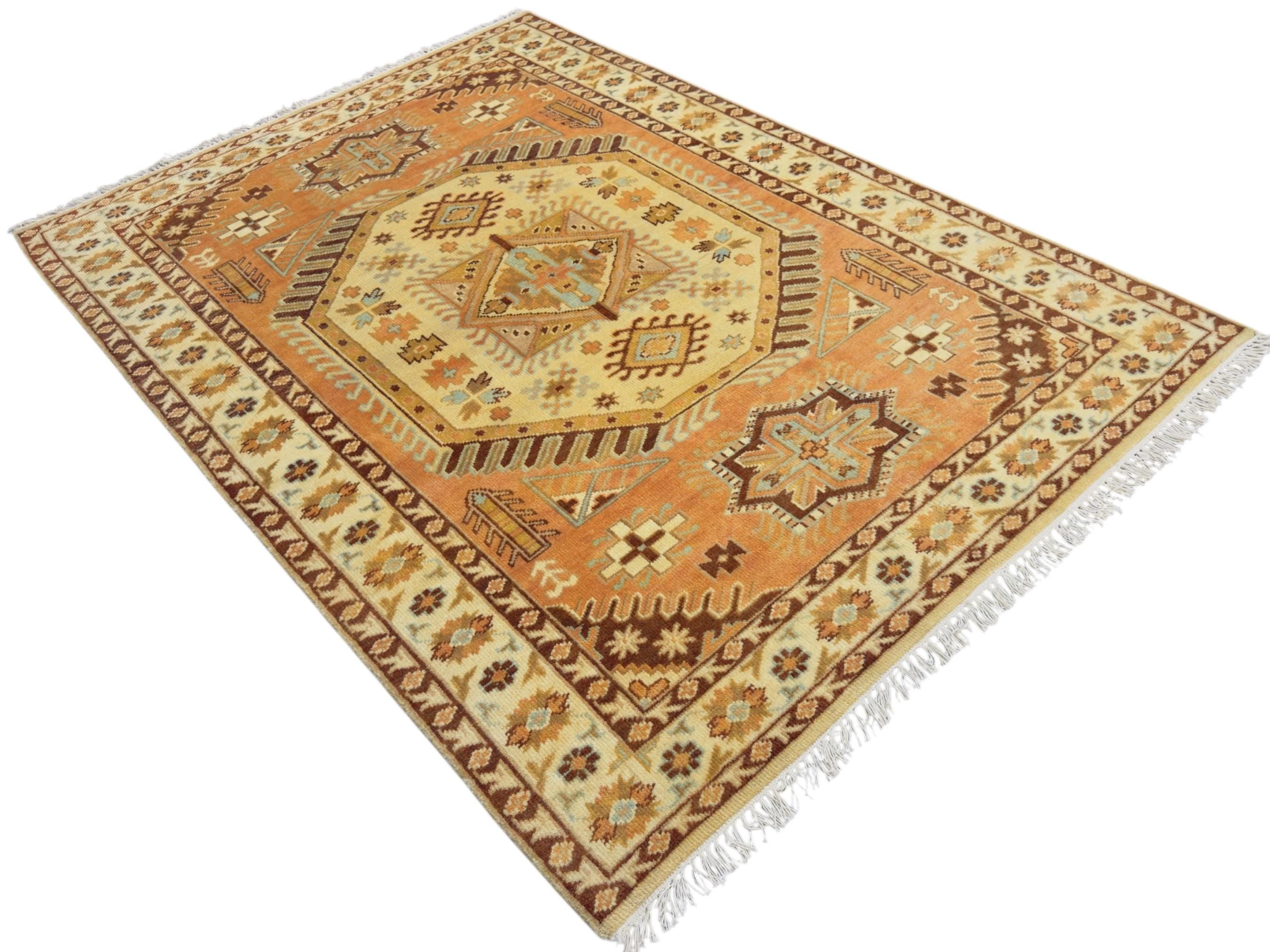 Hand-Knotted Wool Kazak Rug | Tribal Geometric Boho Carpet (7'x5')