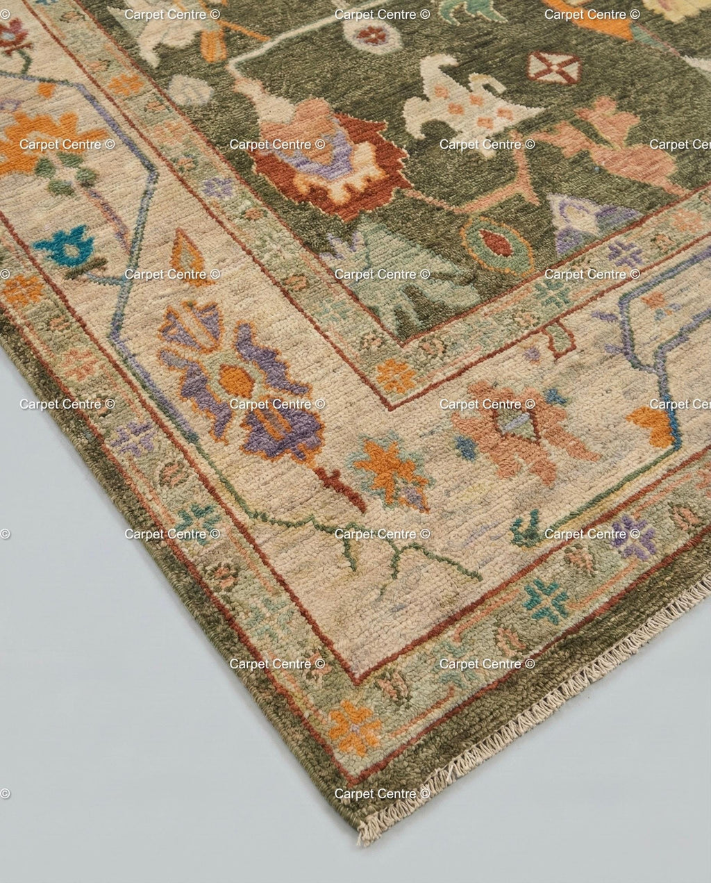 Hand-Knotted Wool Oushak Rug, Moss Green, Tribal Geometric Design