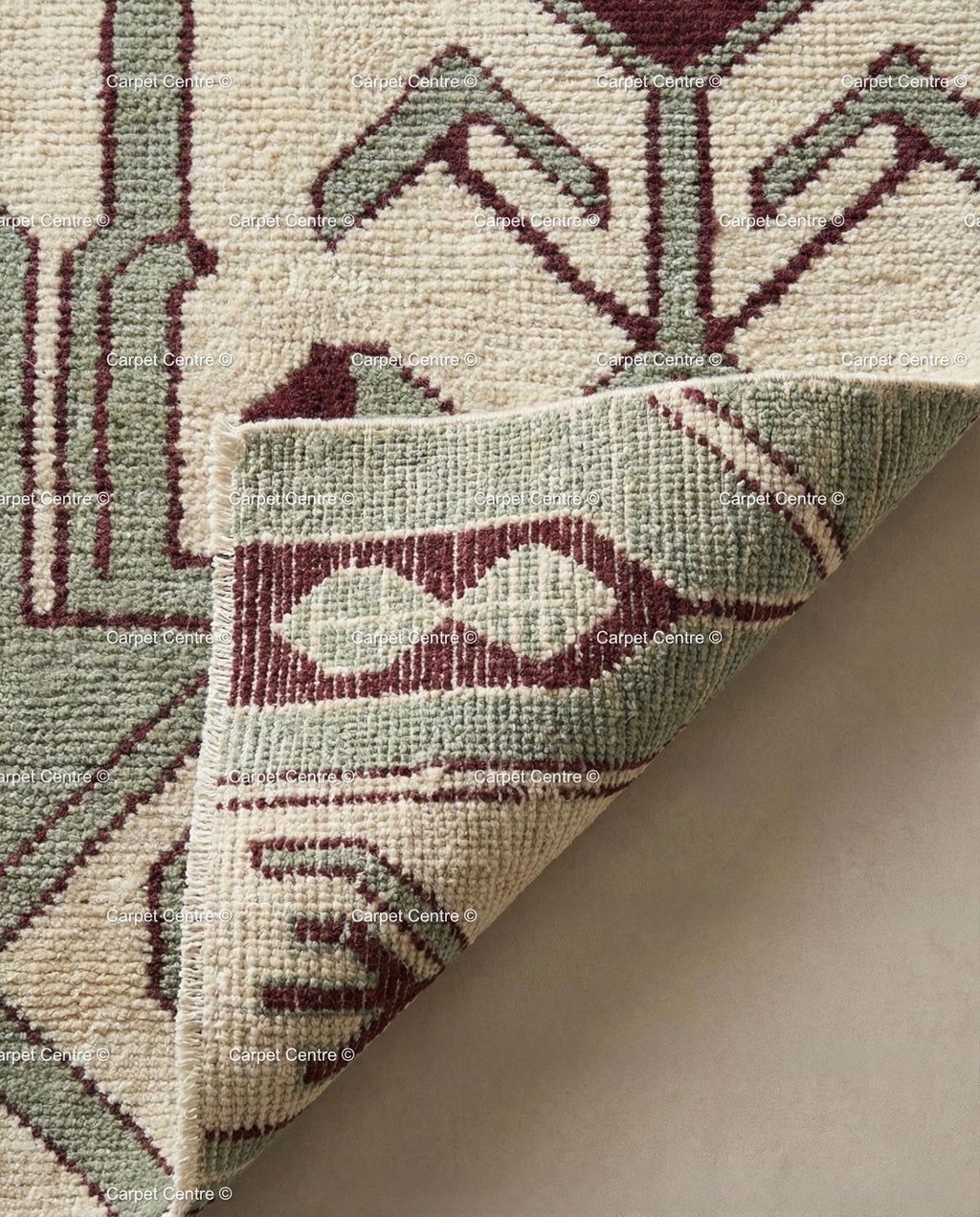 Cream Oushak Wool Runner Rug, Sage Green Geometric Turkish Knot