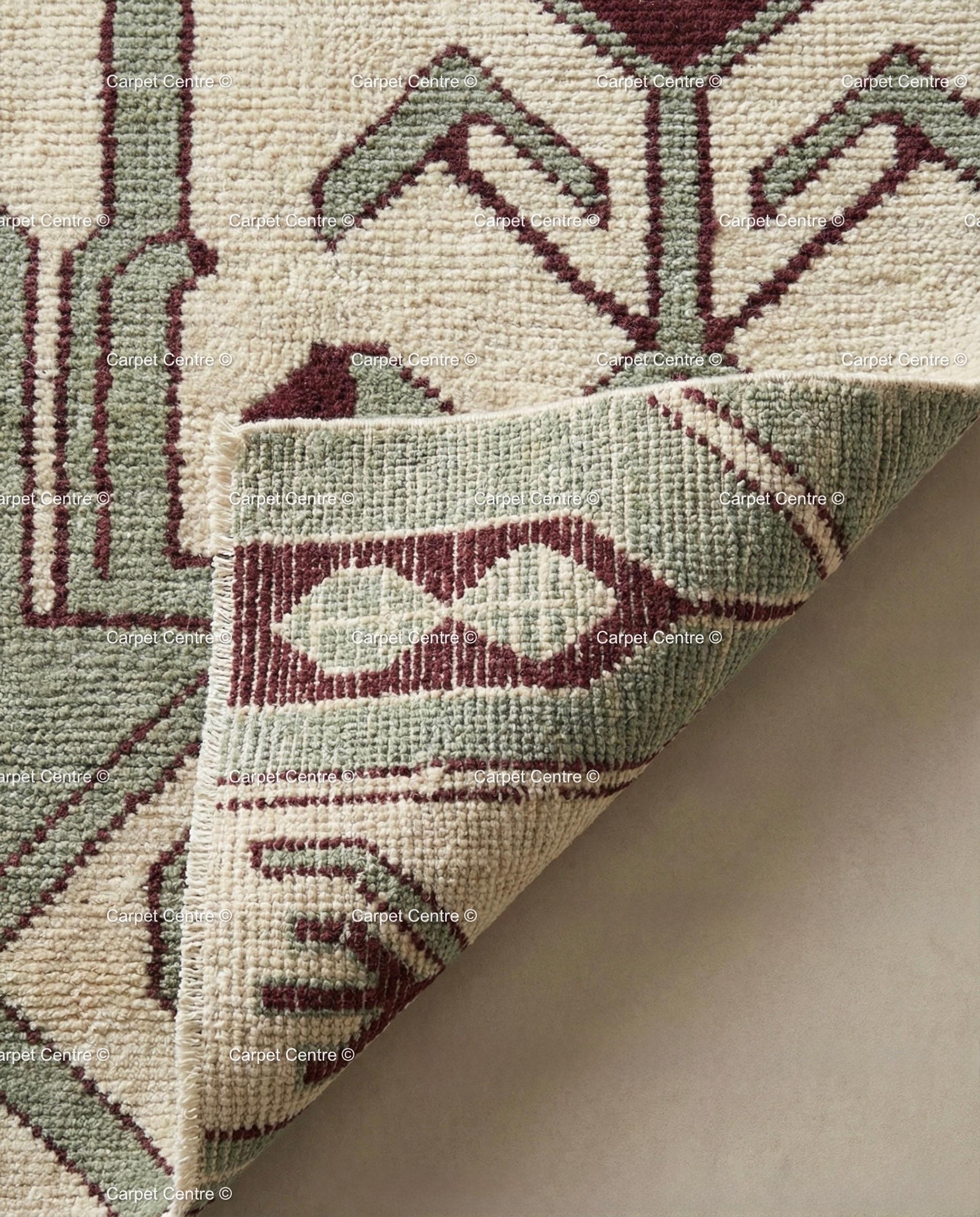 Cream Oushak Wool Runner Rug, Sage Green Geometric Turkish Knot