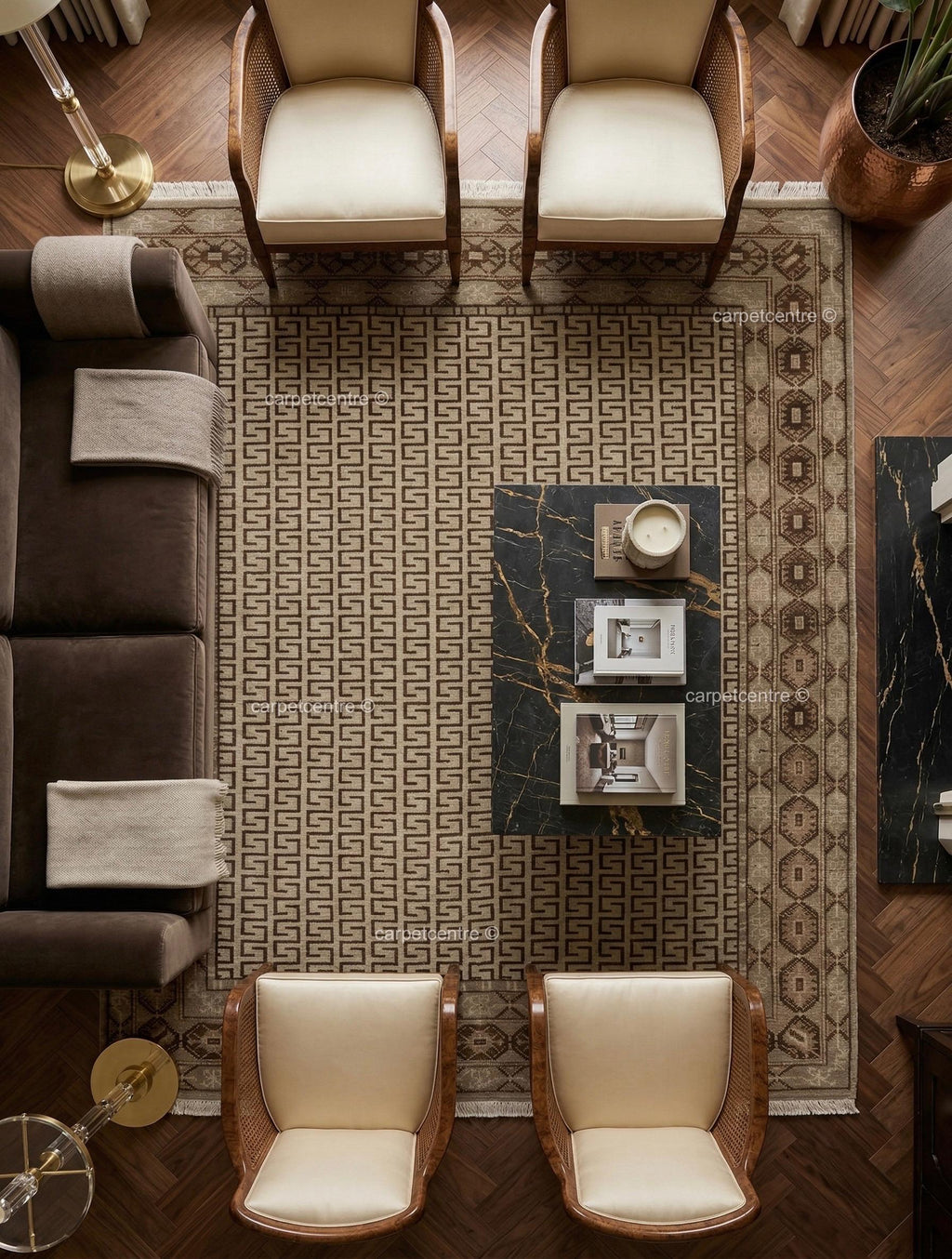 Neutral Geometric Oushak Rug | Beige Greek Key Wool Carpet (Custom Sizes)