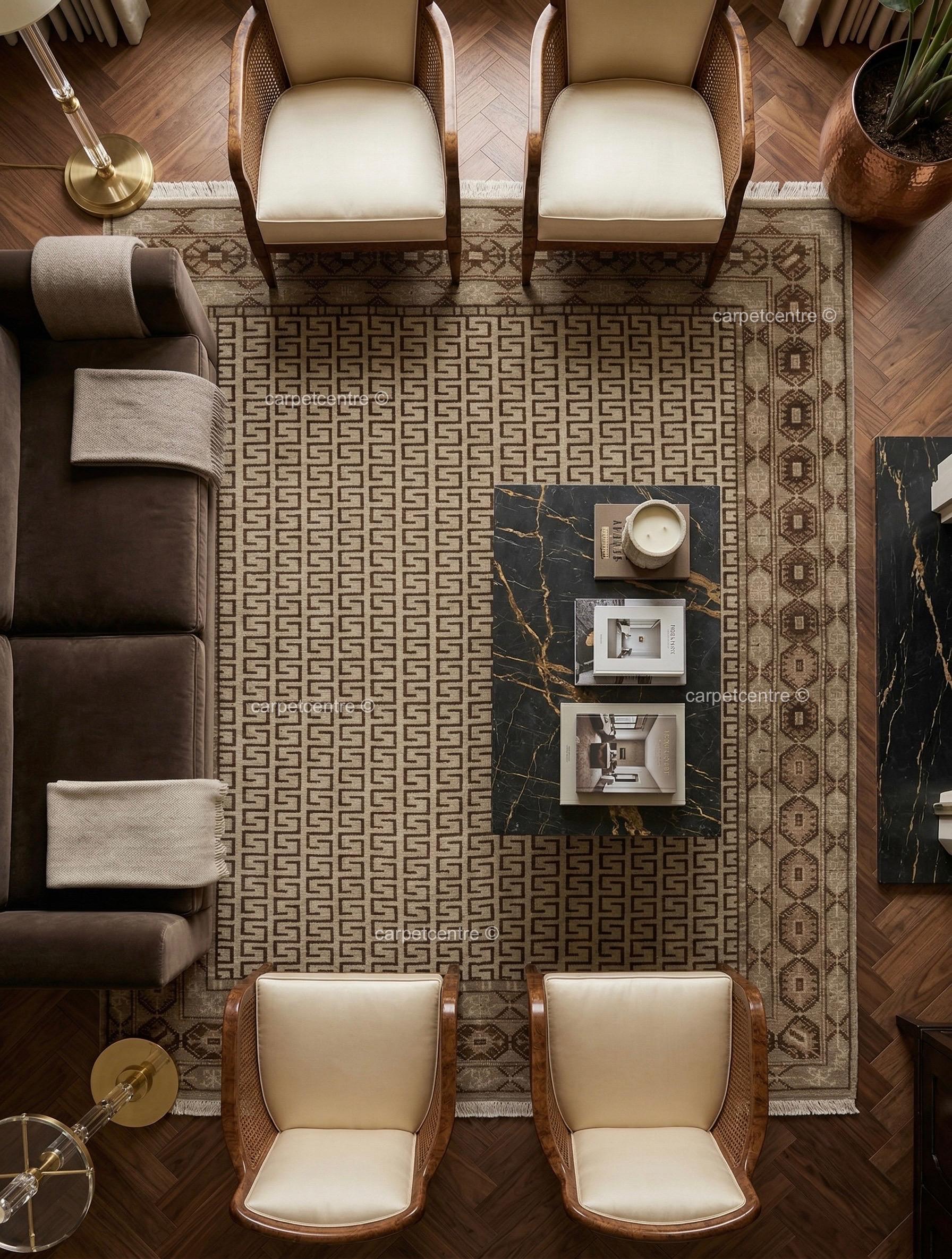 Neutral Geometric Oushak Rug | Beige Greek Key Wool Carpet (Custom Sizes)