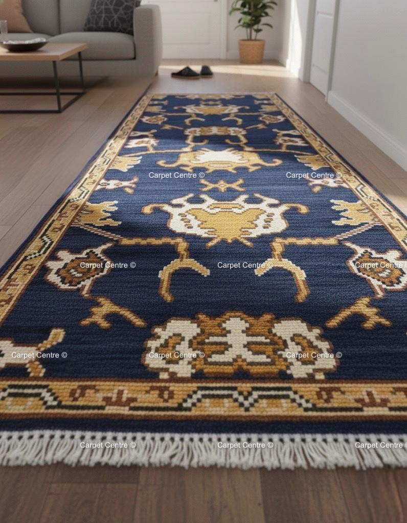 Navy Blue Oushak Runner Rug, Hand-Knotted Wool, Geometric Persian Style