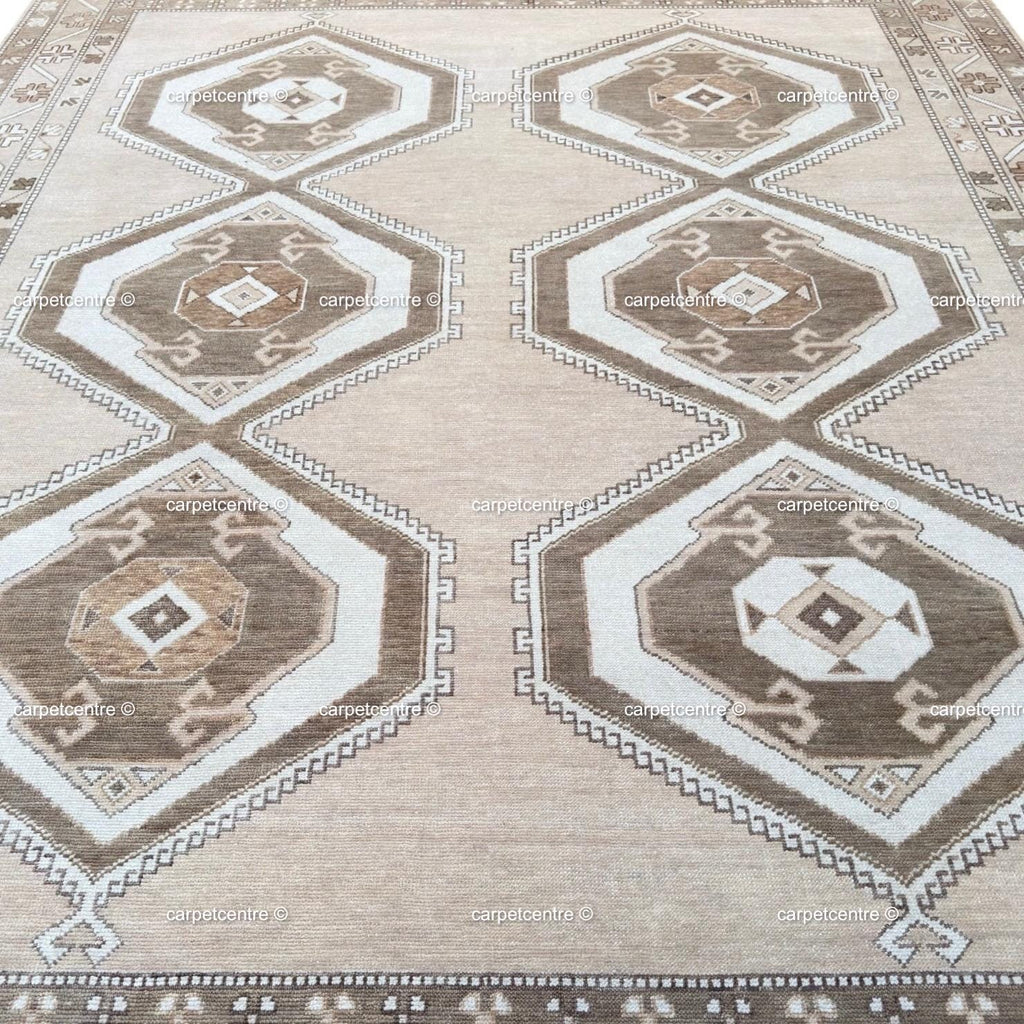 Handknotted Oushak Rug | Neutral Beige Wool Turkish Tribal Carpet