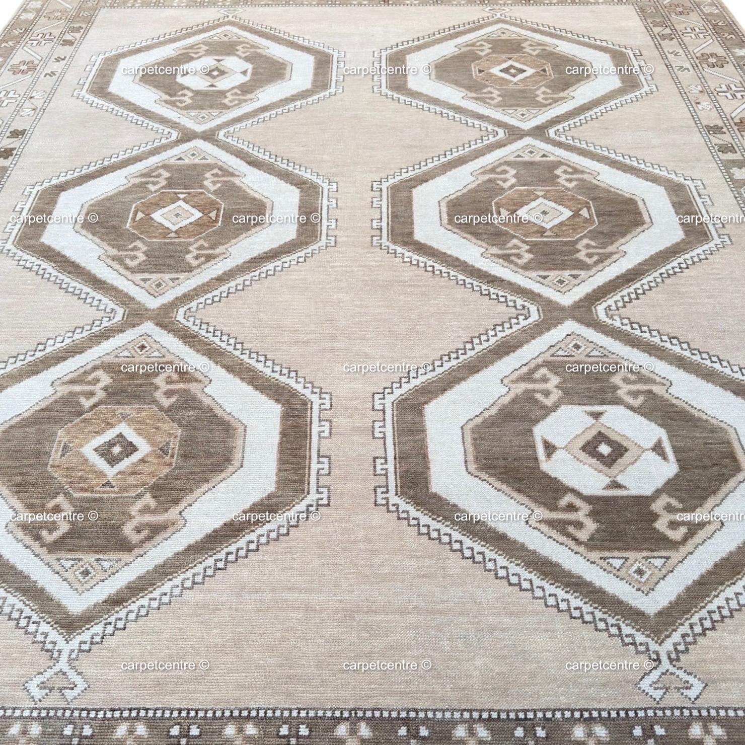 Handknotted Oushak Rug | Neutral Beige Wool Turkish Tribal Carpet