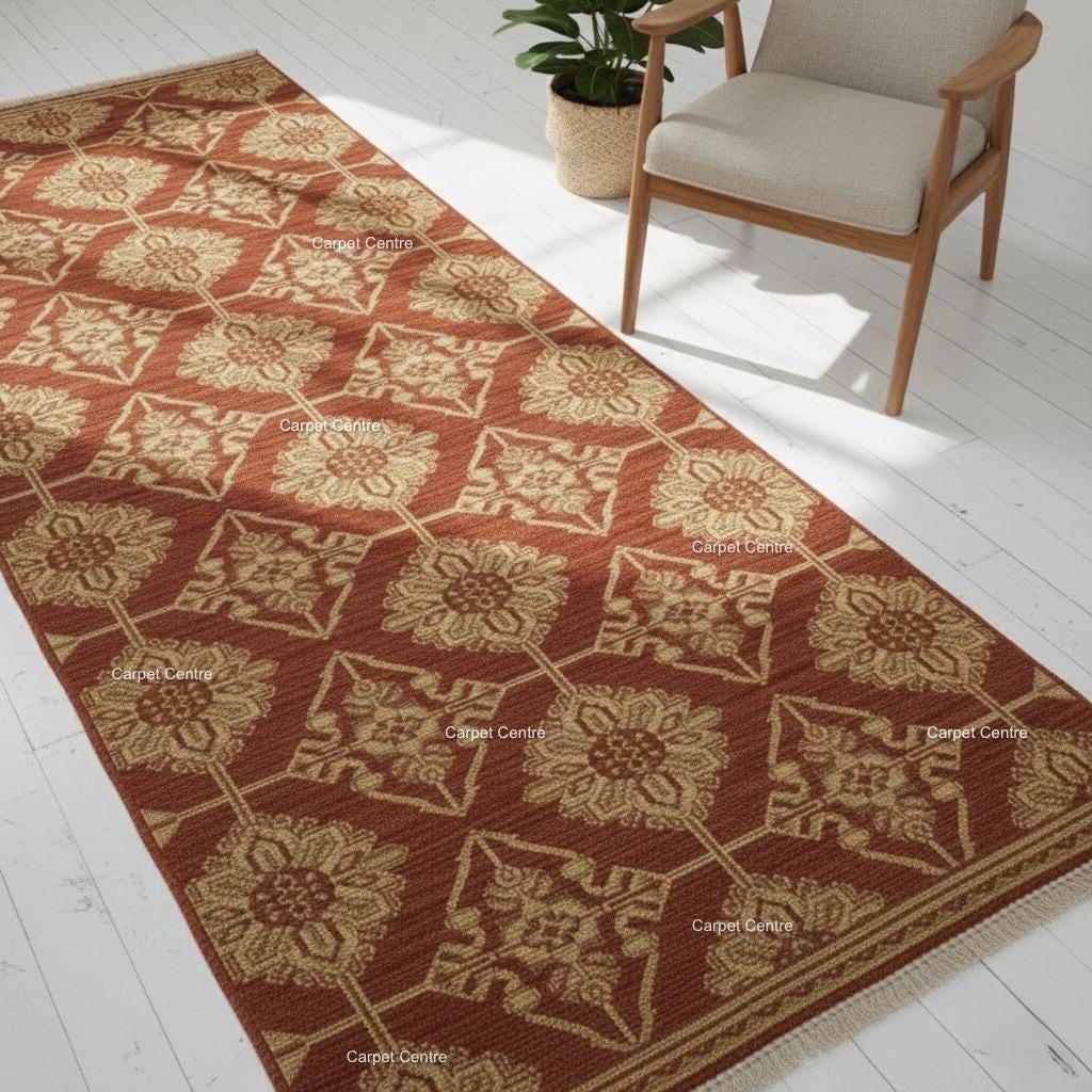 Hand-Knotted Terracotta Wool Runner Rug, Oushak Geometric Hallway Rug