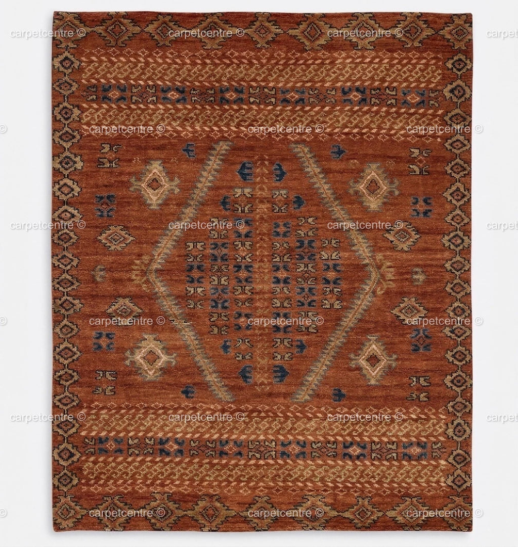 Hand-Knotted Wool Oushak Rug: Terracotta, Rust, Blue Geometric Medallion Area Rug