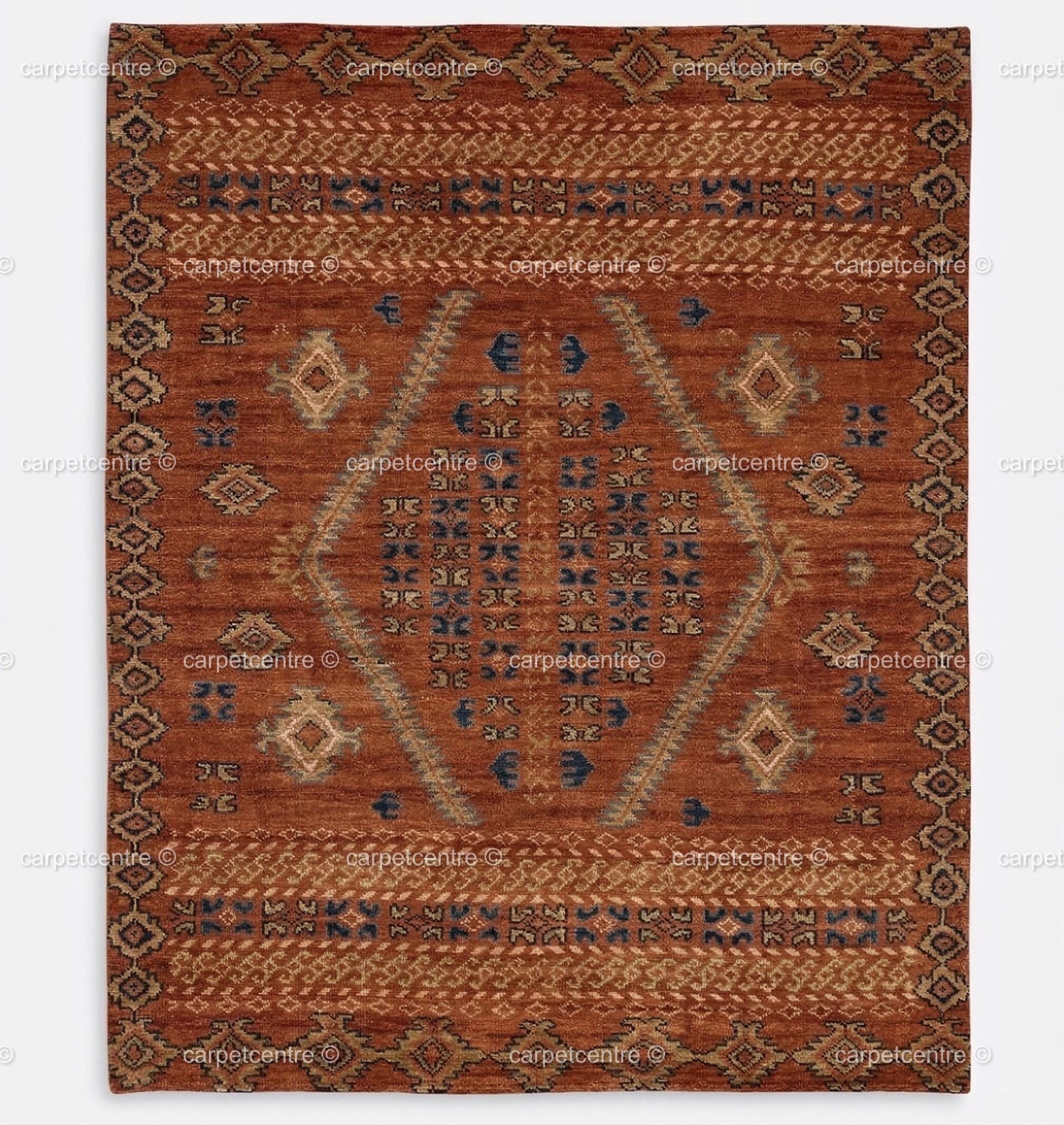 Hand-Knotted Wool Oushak Rug: Terracotta, Rust, Blue Geometric Medallion Area Rug