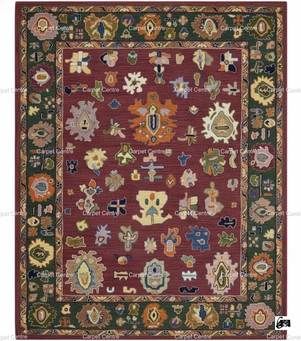 Maroon Oushak Rug, Hand-Knotted Wool Rug, Red and Green, 8x10
