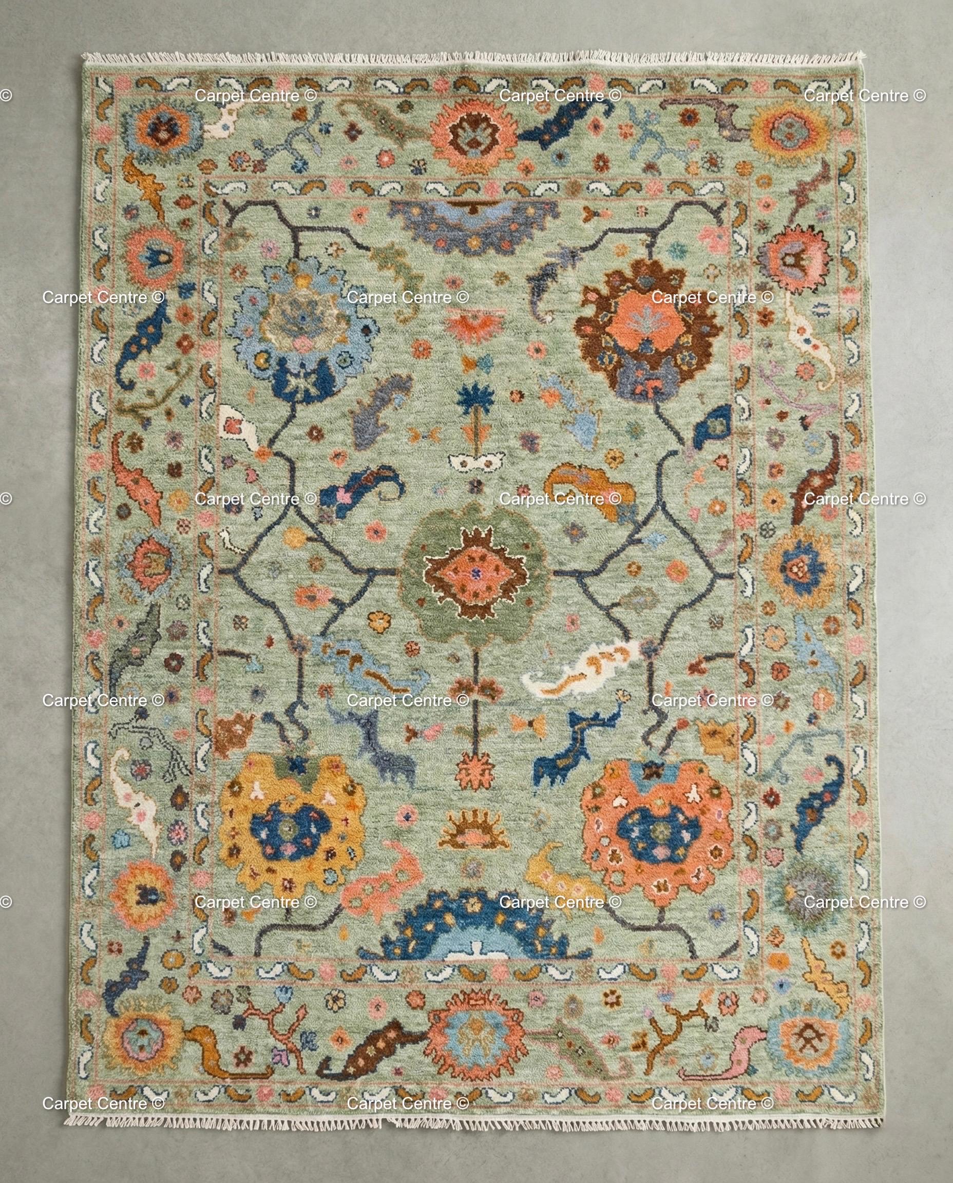 Sage Green Oushak Rug, Hand Knotted Wool, Arts & Crafts Floral
