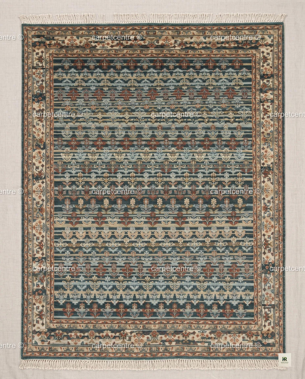 Hand Knotted Wool Oushak Rug, Teal Blue Rust Tribal Geometric (8'x10')