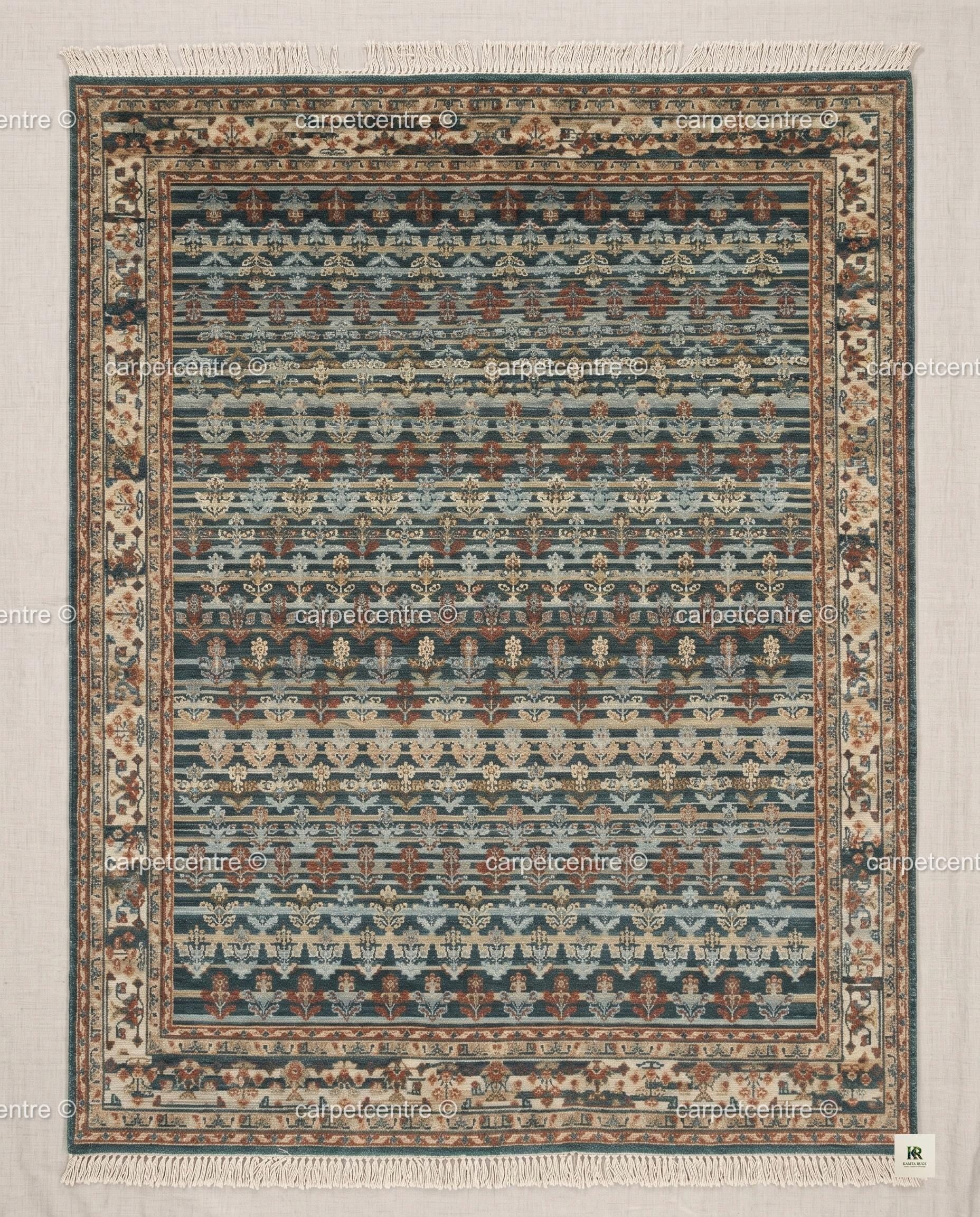 Hand Knotted Wool Oushak Rug, Teal Blue Rust Tribal Geometric (8'x10')