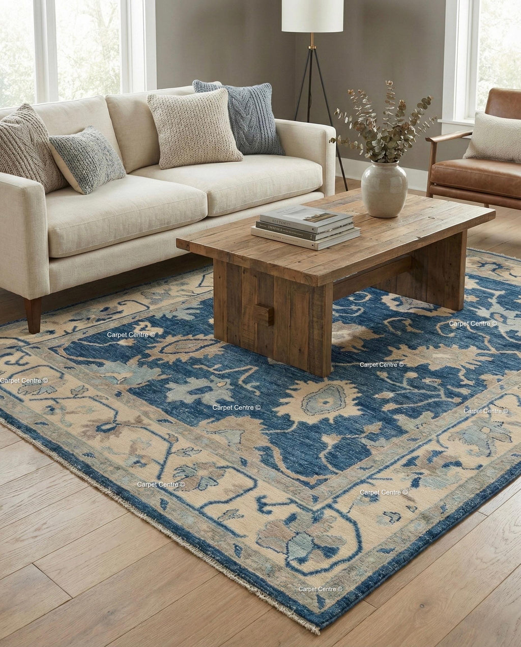 Hand Knotted Navy Blue Wool Oushak Rug, Traditional Floral Carpet