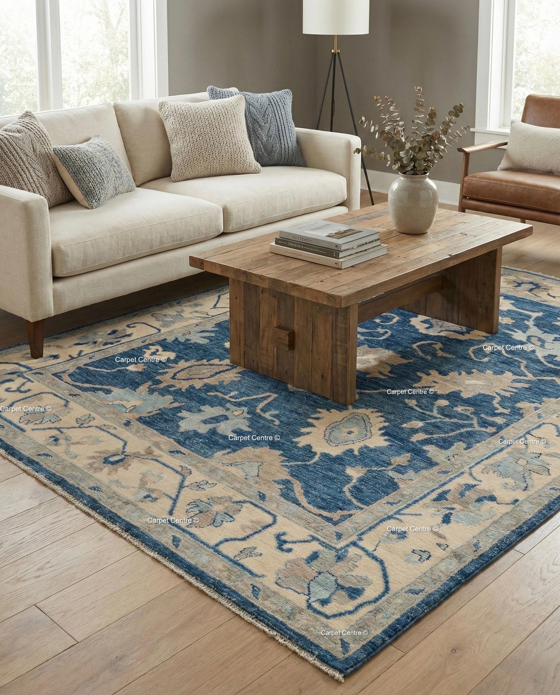 Hand Knotted Navy Blue Wool Oushak Rug, Traditional Floral Carpet