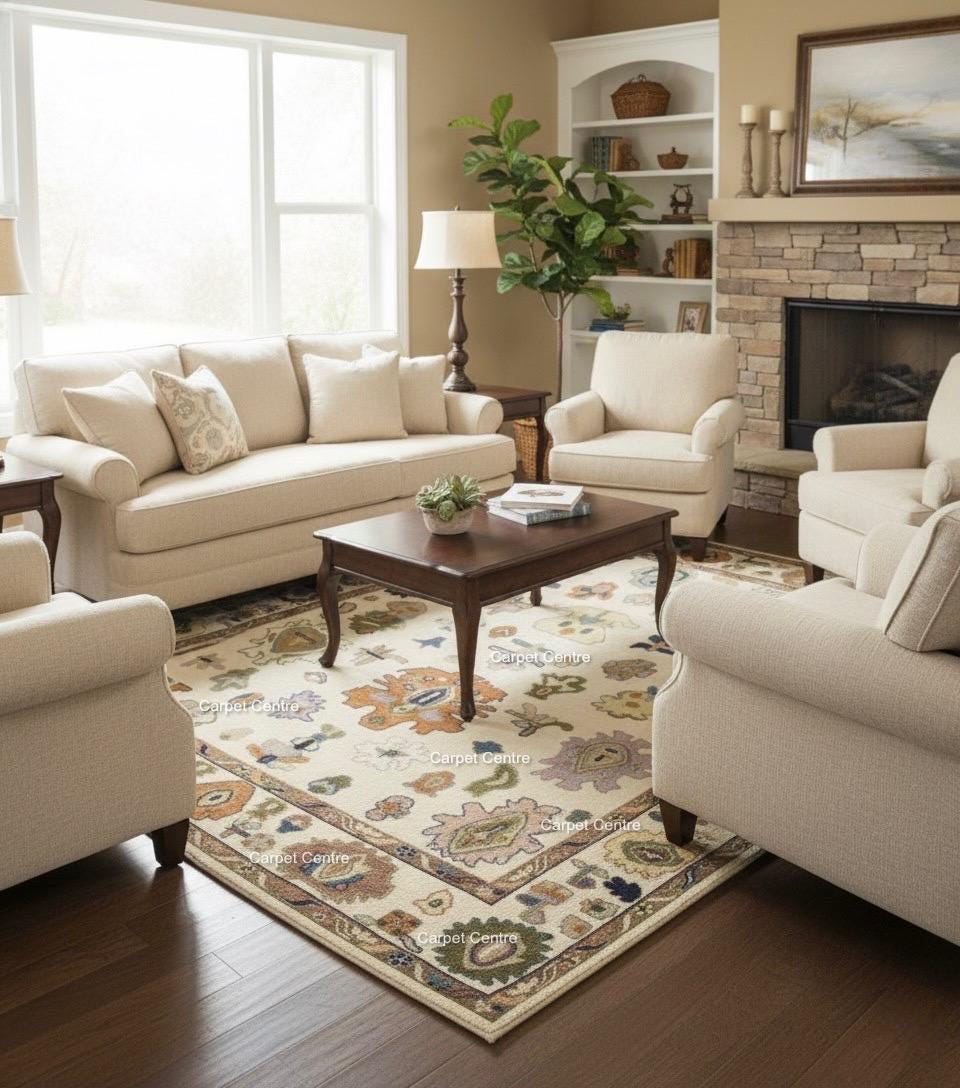 Hand-Knotted Ivory Oushak Wool Rug, Colorful Boho Floral, 8x10
