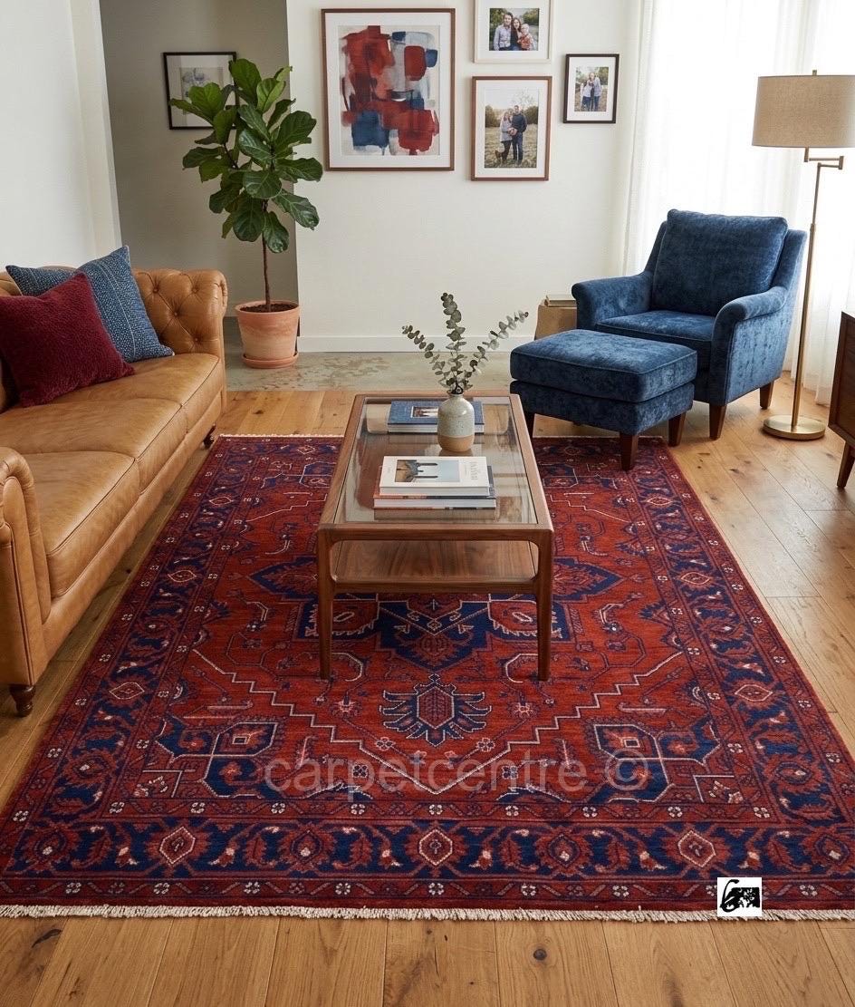 Dark Red Oushak Rug, Navy Blue Heriz Medallion, Hand Knotted 8x10 9x12 Wool Area Rug, Vintage Persian Style, Burgundy Living Room Carpet
