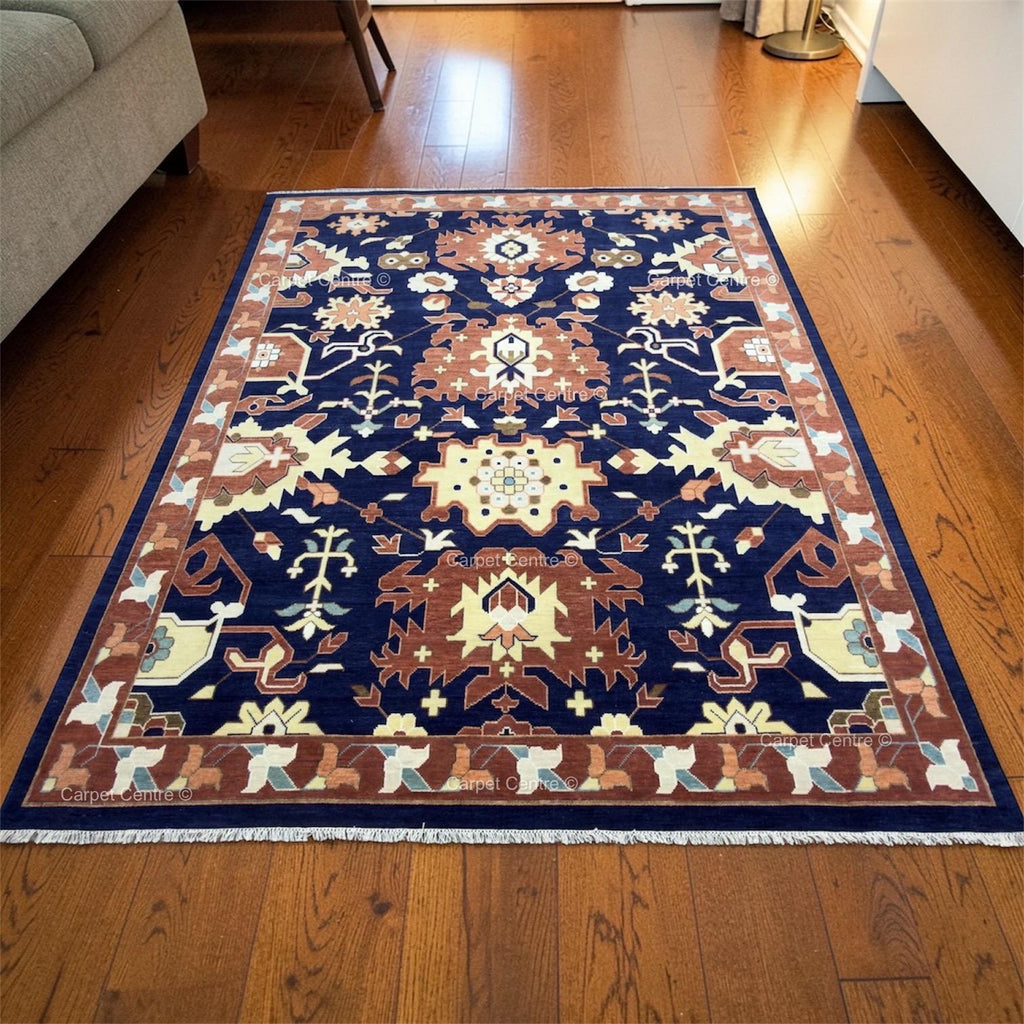 Navy Blue Oushak Rug, Rust Geometric Turkish Tribal Boho Area Rug