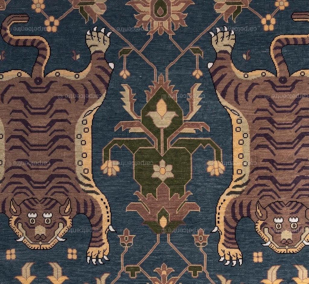 Tibetan Tiger Oushak Rug | Blue Hand-Knotted Wool Area Rug | Maximalist Boho Carpet