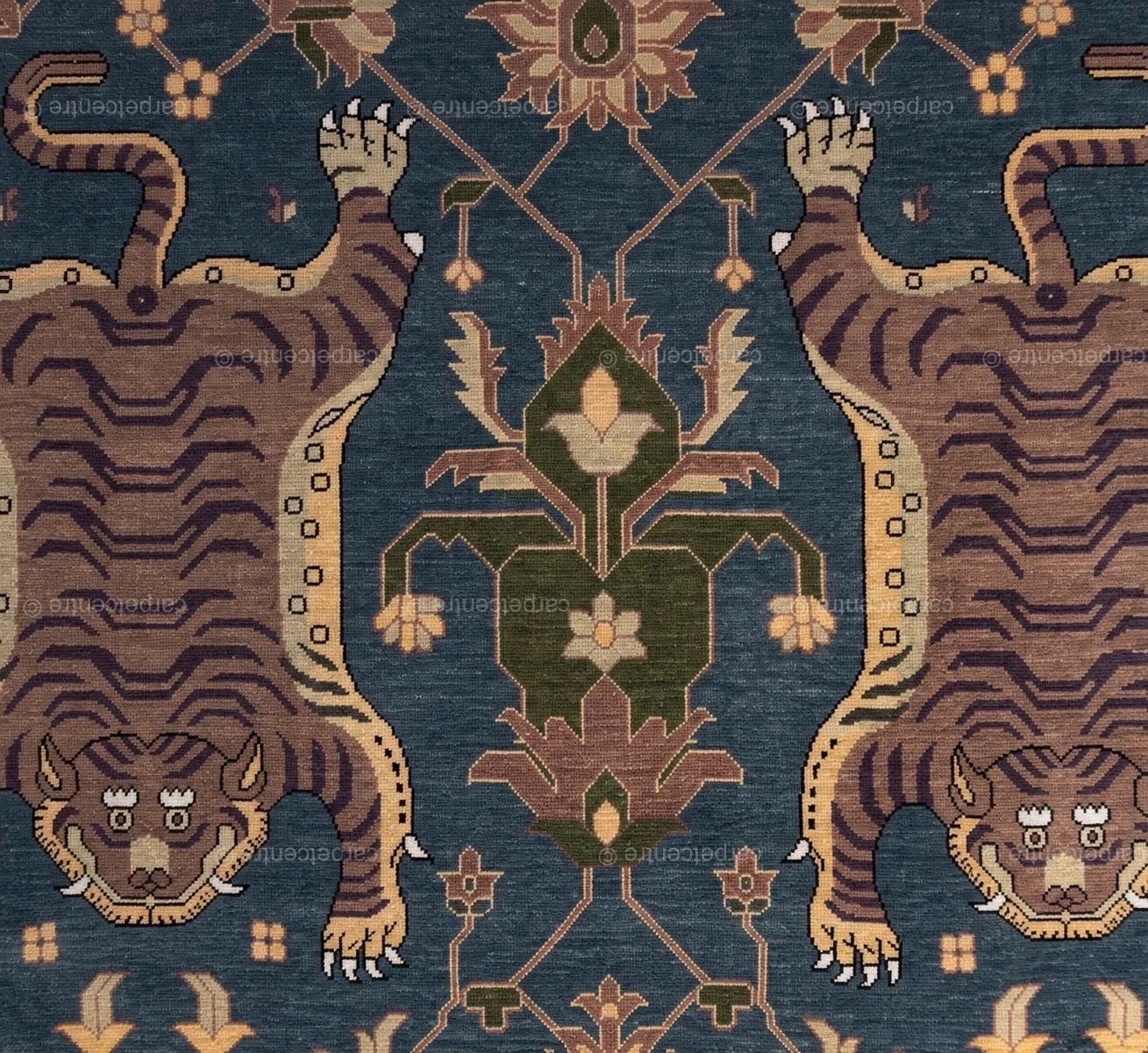 Tibetan Tiger Oushak Rug | Blue Hand-Knotted Wool Area Rug | Maximalist Boho Carpet