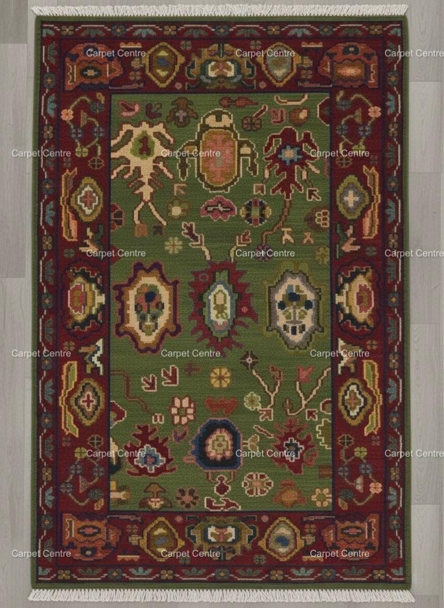 Hand-Knotted Oushak Rug, 100% Handspun Wool, Olive Green, Boho Eclectic