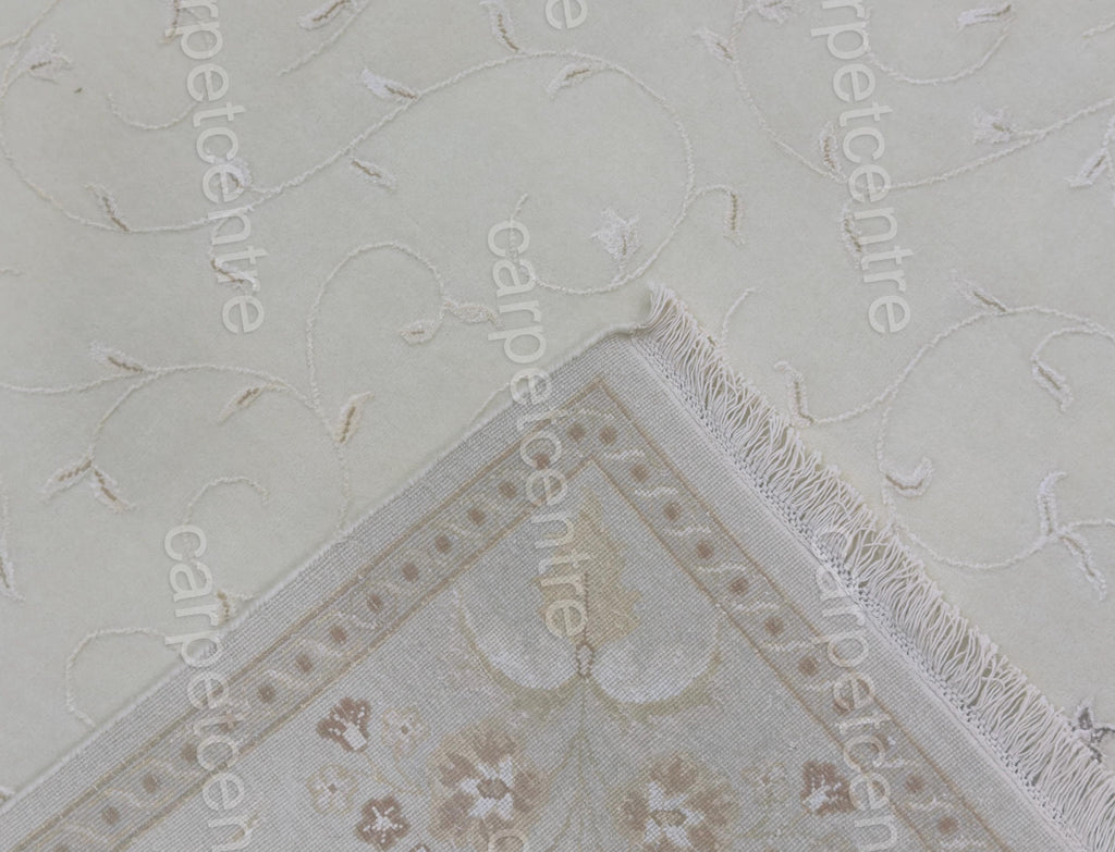Handwoven Ivory Wool Rug: Vintage Persian Floral Art Silk
