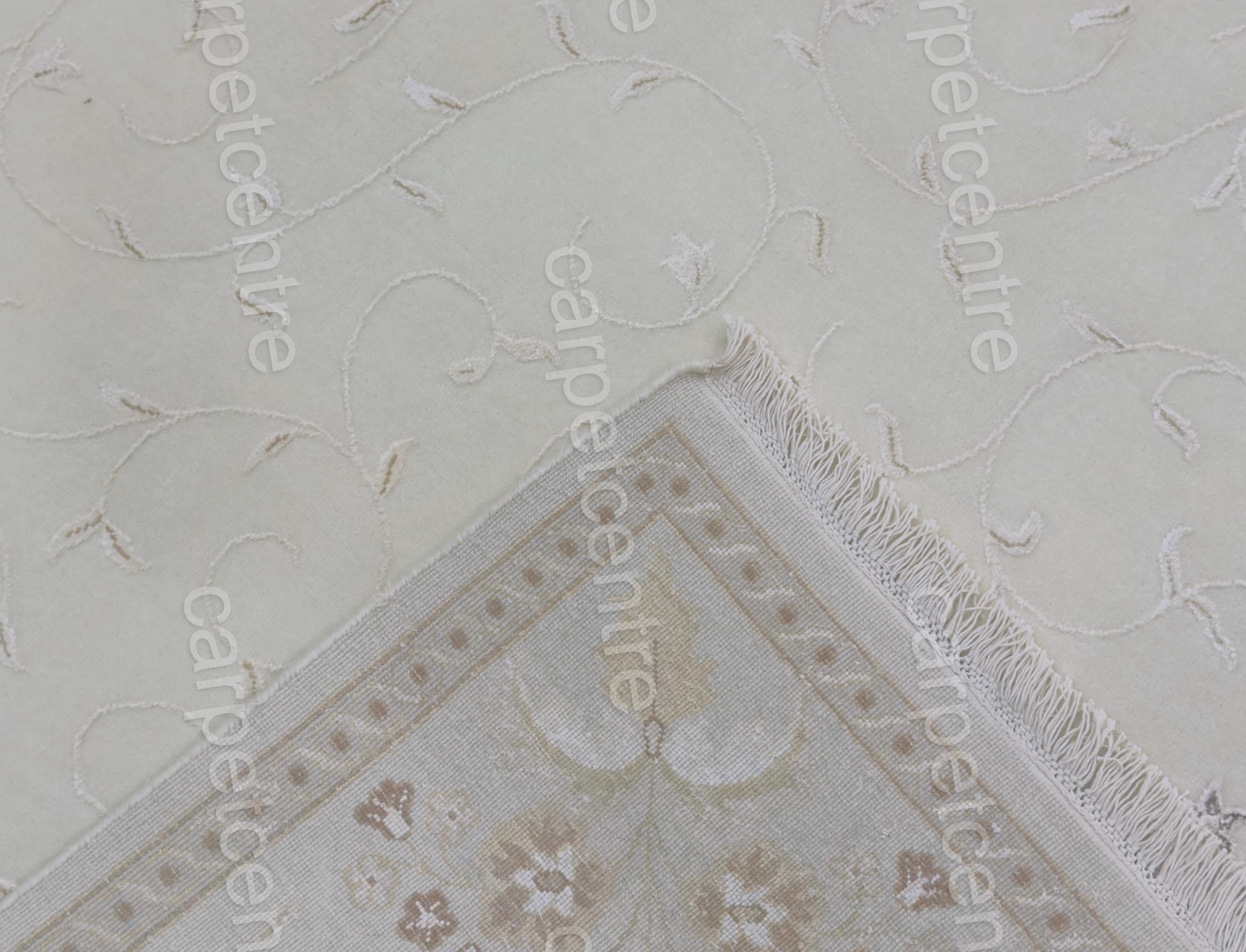 Handwoven Ivory Wool Rug: Vintage Persian Floral Art Silk