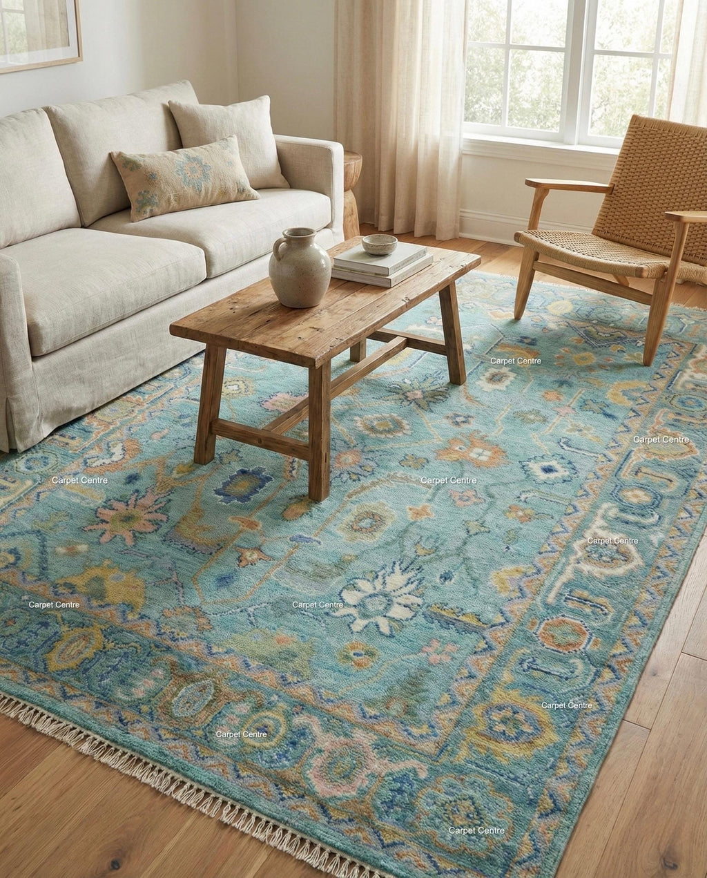 Turquoise Oushak Rug, Hand-Knotted Wool, Southwestern Boho Decor