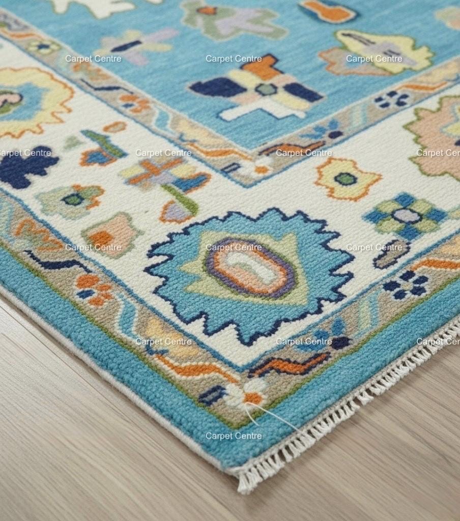 Hand-Knotted Light Blue Oushak Wool Rug, Eclectic Boho Style
