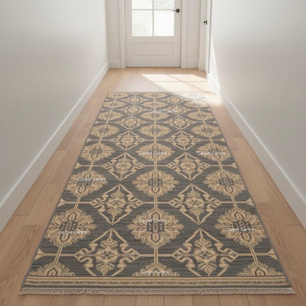Hand-Knotted Wool Runner Rug, Charcoal Gray Oushak Style, Geometric Medallion