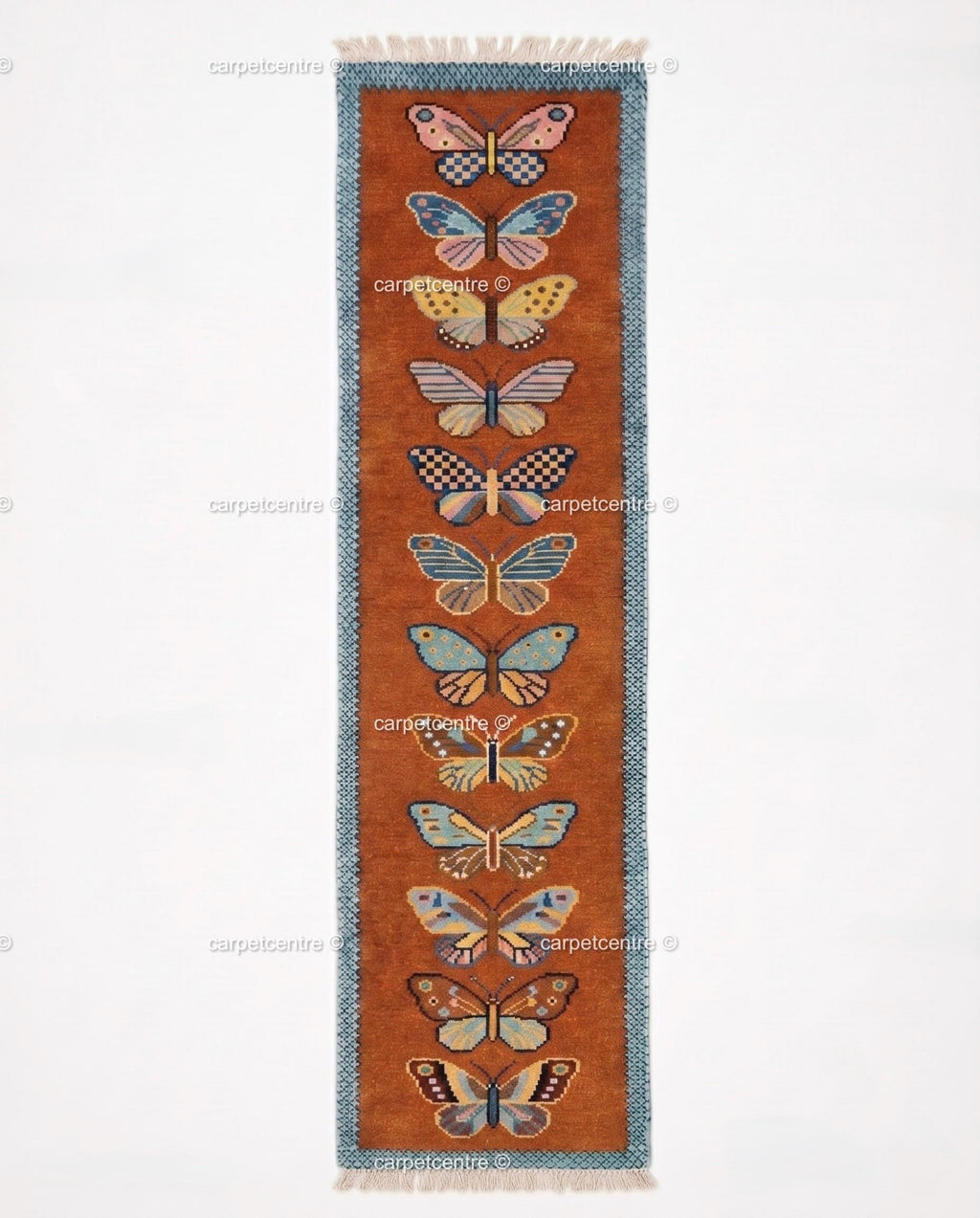 Handmade Wool Butterfly Runner Rug – Rust Orange Insect Motif Carpet