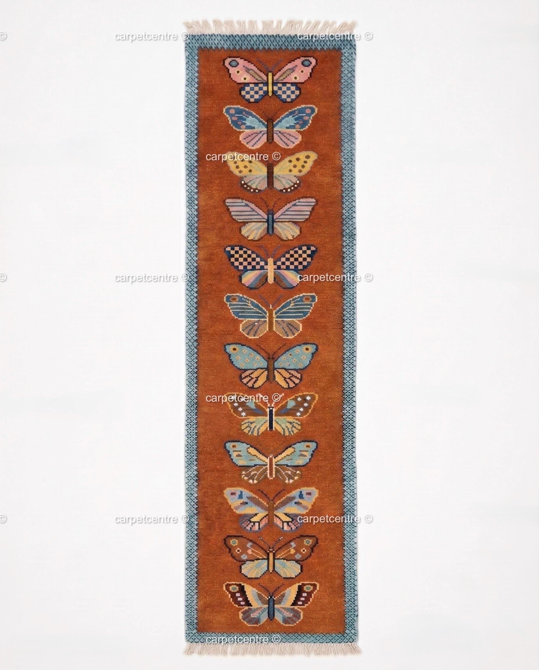 Handmade Wool Butterfly Runner Rug – Rust Orange Insect Motif Carpet