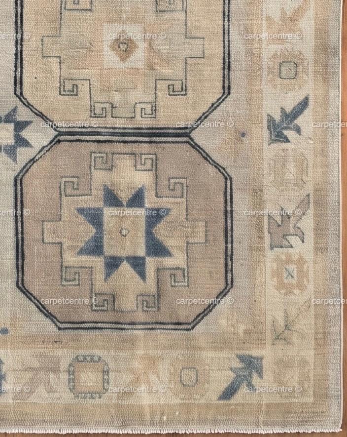 Geometric Oushak Rug | Muted Beige, Tan, Slate Blue Turkish Area Rug | Farmhouse Boho Style
