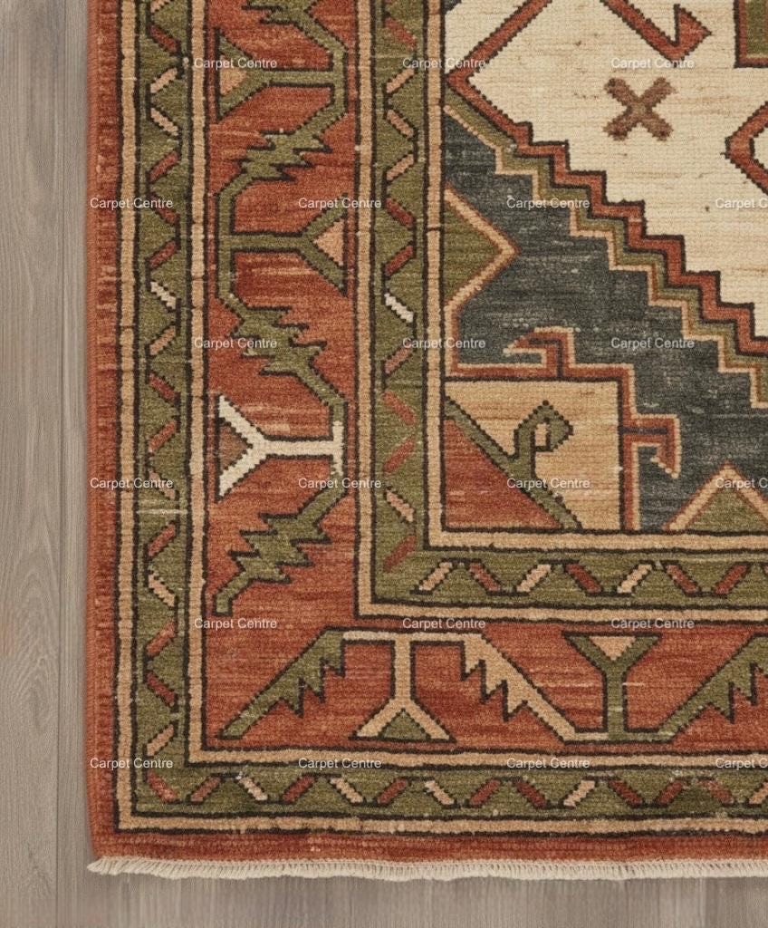 Hand-Knotted Oushak Wool Rug, Rust Terracotta Olive Green, Geometric Tribal Design