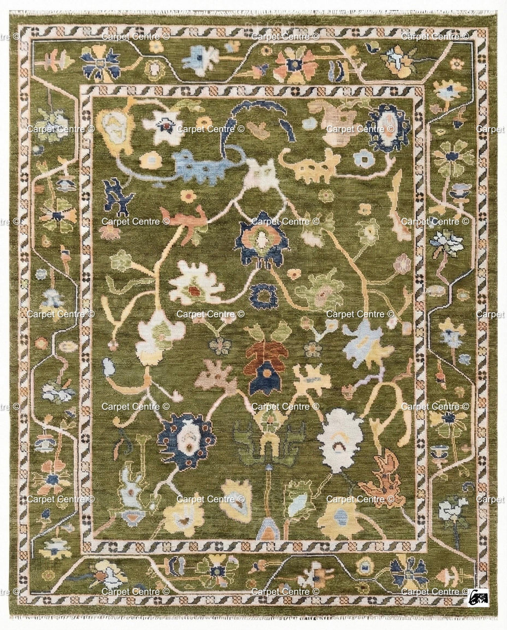 Hand-Knotted Wool Oushak Rug, Olive Green Arts & Crafts Style