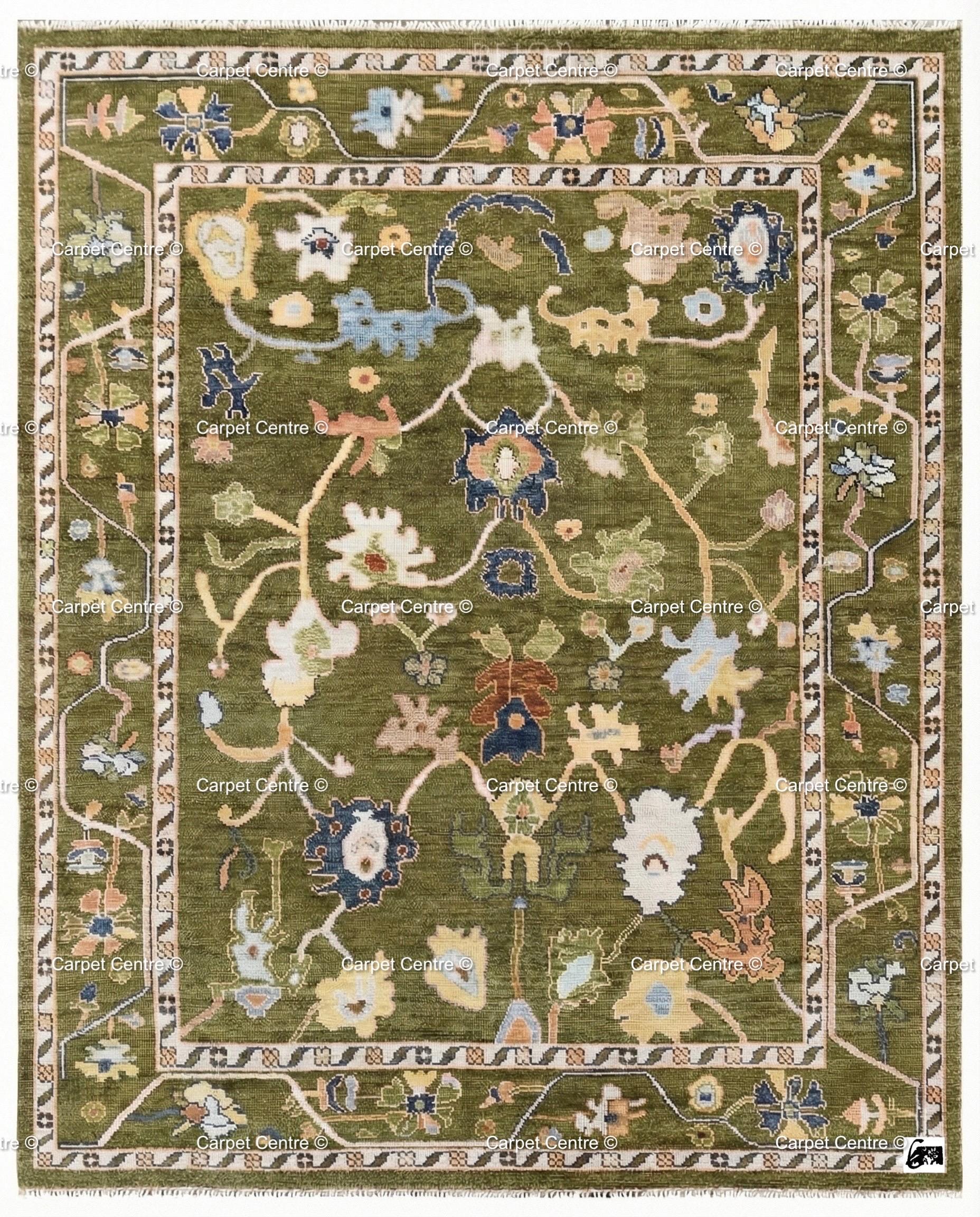 Hand-Knotted Wool Oushak Rug, Olive Green Arts & Crafts Style