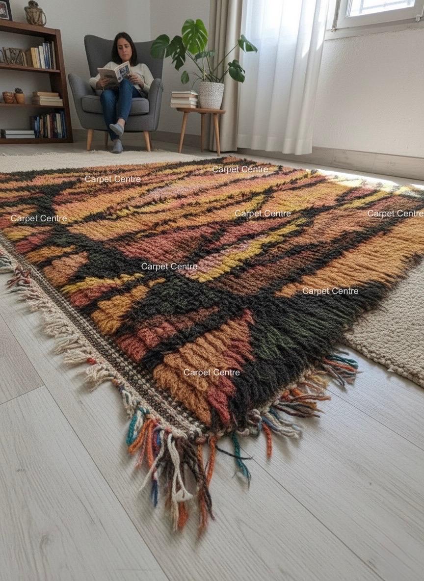 Handmade Moroccan Shag Rug, Rust Orange Wool Tulu Rug, Geometric Boho Decor