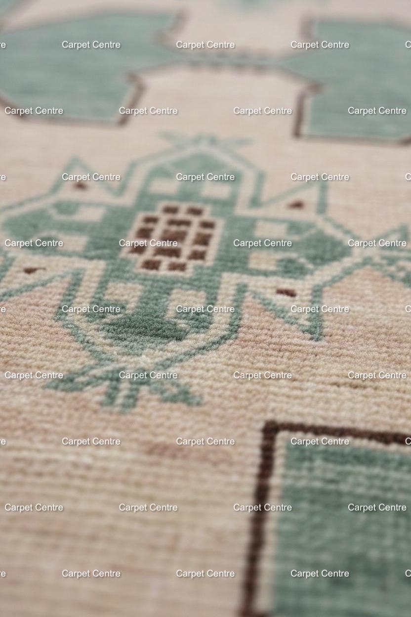 Hand Knotted Oushak Wool Runner Rug | Mint Green Geometric Design