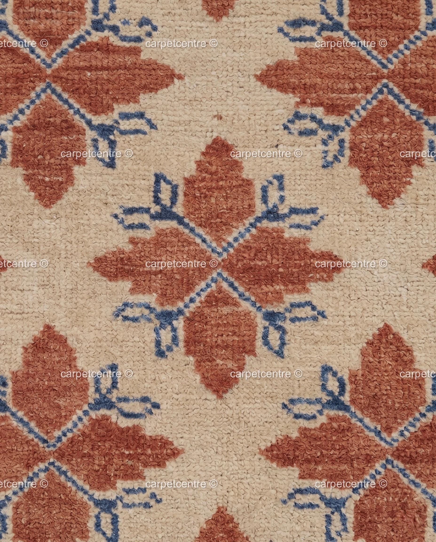 Handmade Wool Oushak Rug, Geometric Boho Turkish Carpet, Burnt Orange Beige Blue