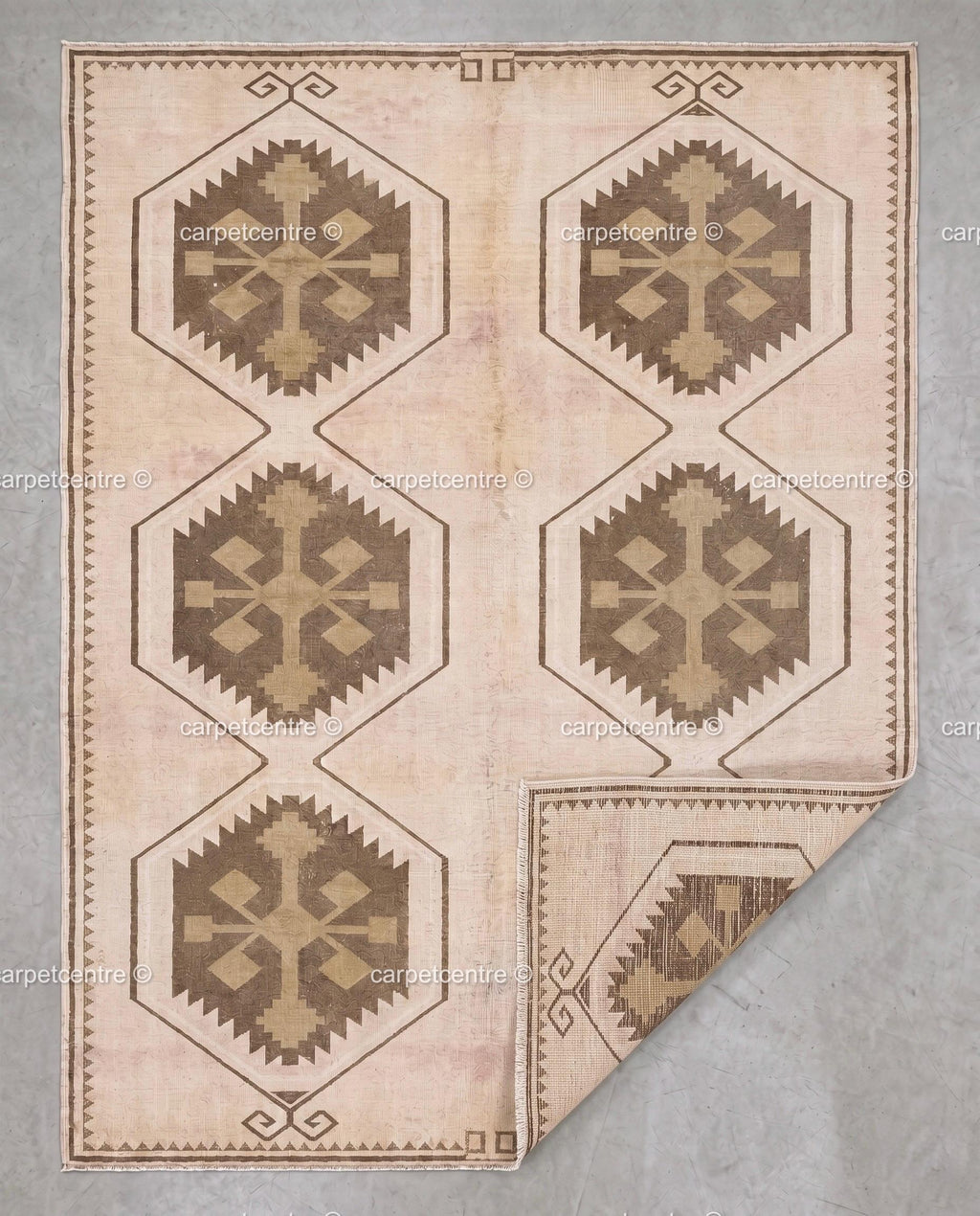 Hand-Knotted Wool Oushak Rug | Neutral Geometric Tribal Carpet, Beige Brown Style