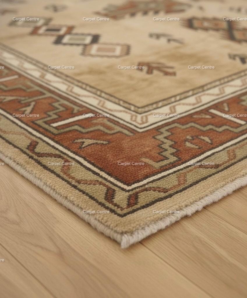 Hand-Knotted Wool Oushak Rug, Beige Geometric Tribal Design
