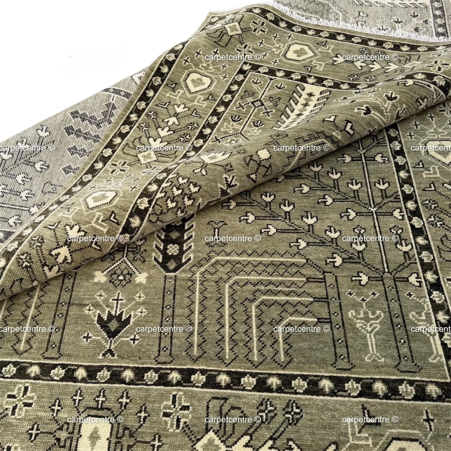 Hand Knotted Wool Oushak Rug, Olive Green Tree of Life Area Carpet