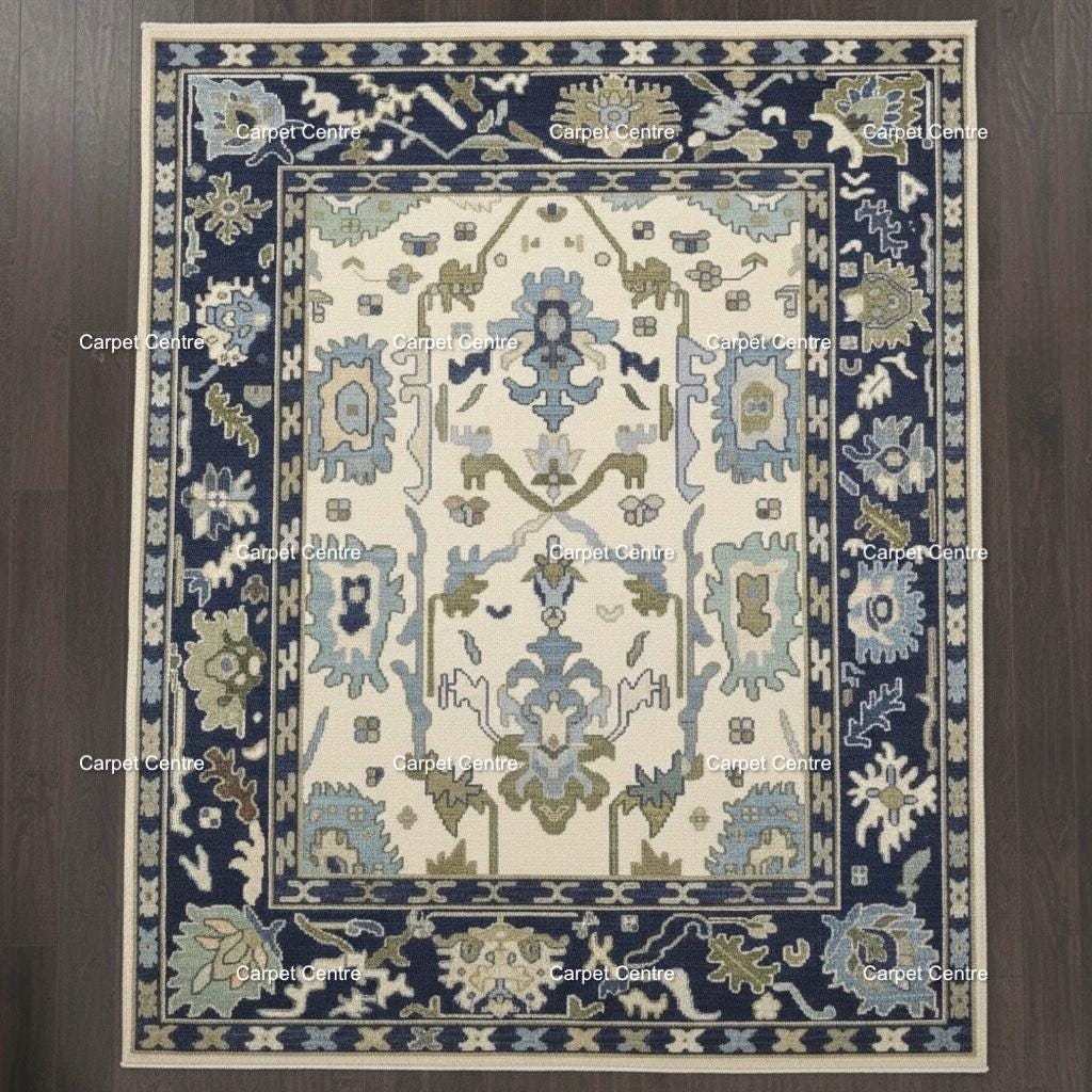 Hand-Knotted Ivory Oushak Rug, Navy Border, Handspun Wool