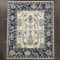 Hand-Knotted Ivory Oushak Rug, Navy Border, Handspun Wool