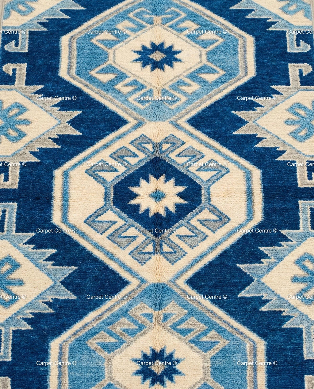 Royal Blue Wool Runner Rug, Hand-Knotted Oushak, Coastal Greek Star