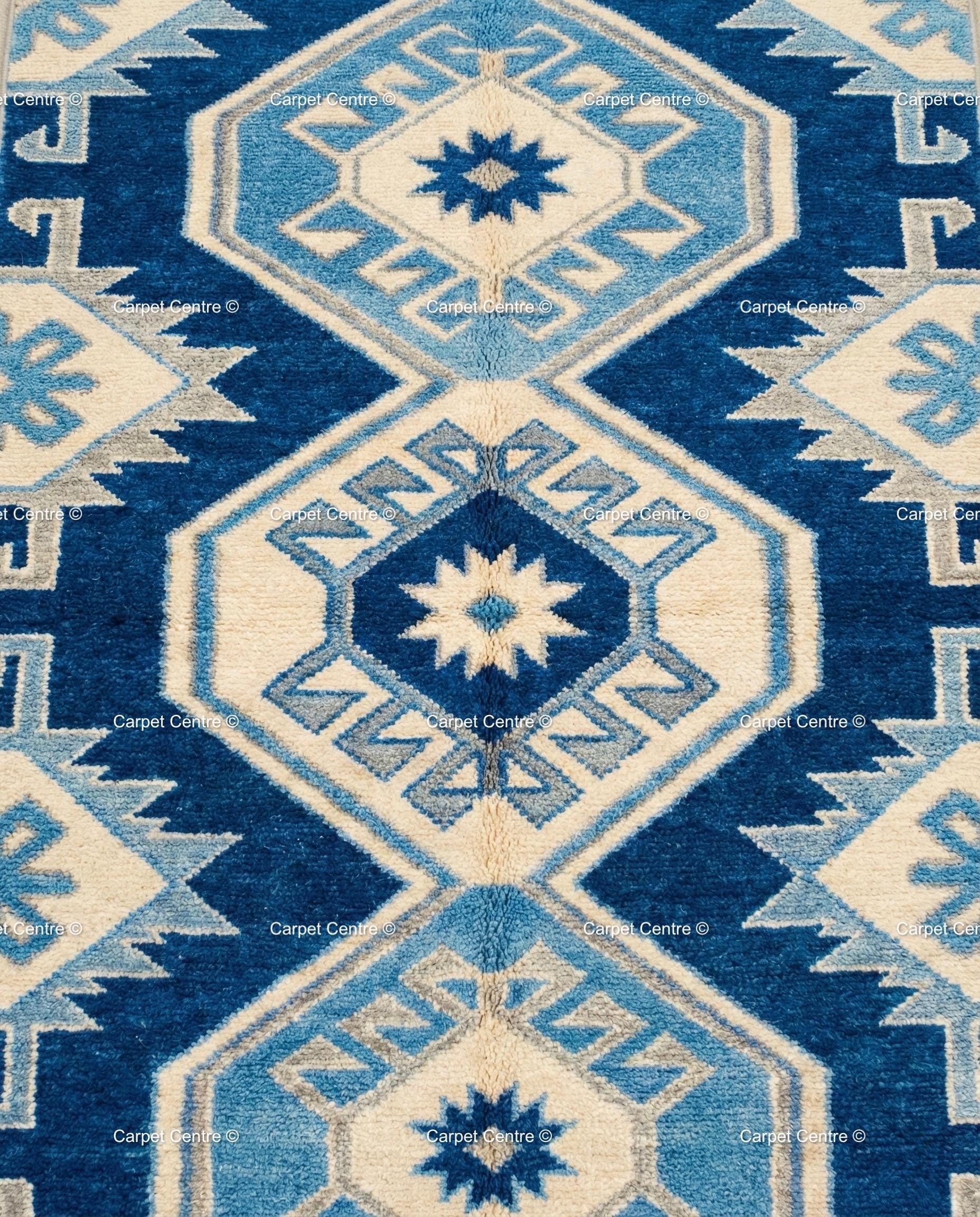 Royal Blue Wool Runner Rug, Hand-Knotted Oushak, Coastal Greek Star
