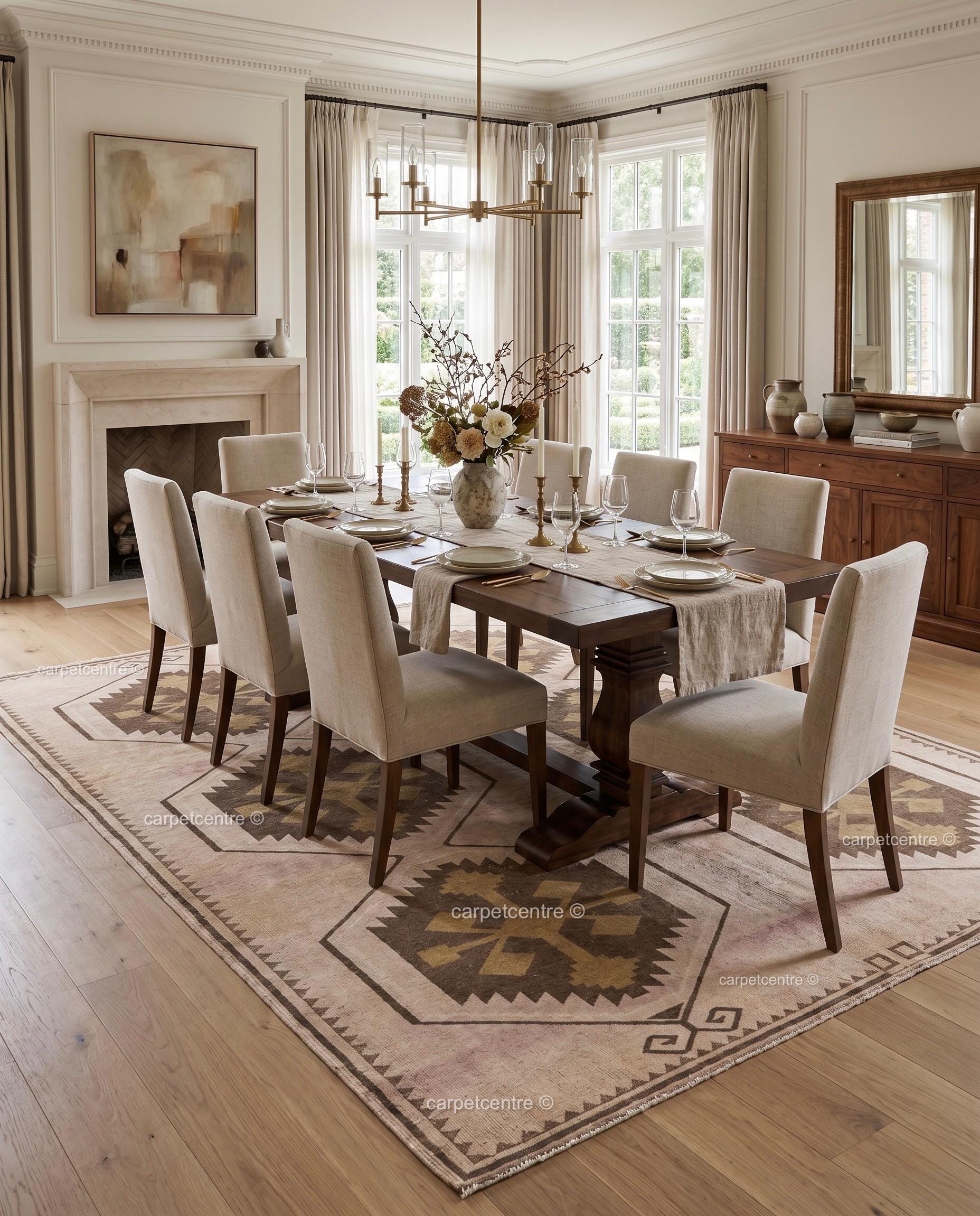 Hand-Knotted Wool Oushak Rug | Neutral Geometric Tribal Carpet, Beige Brown Style