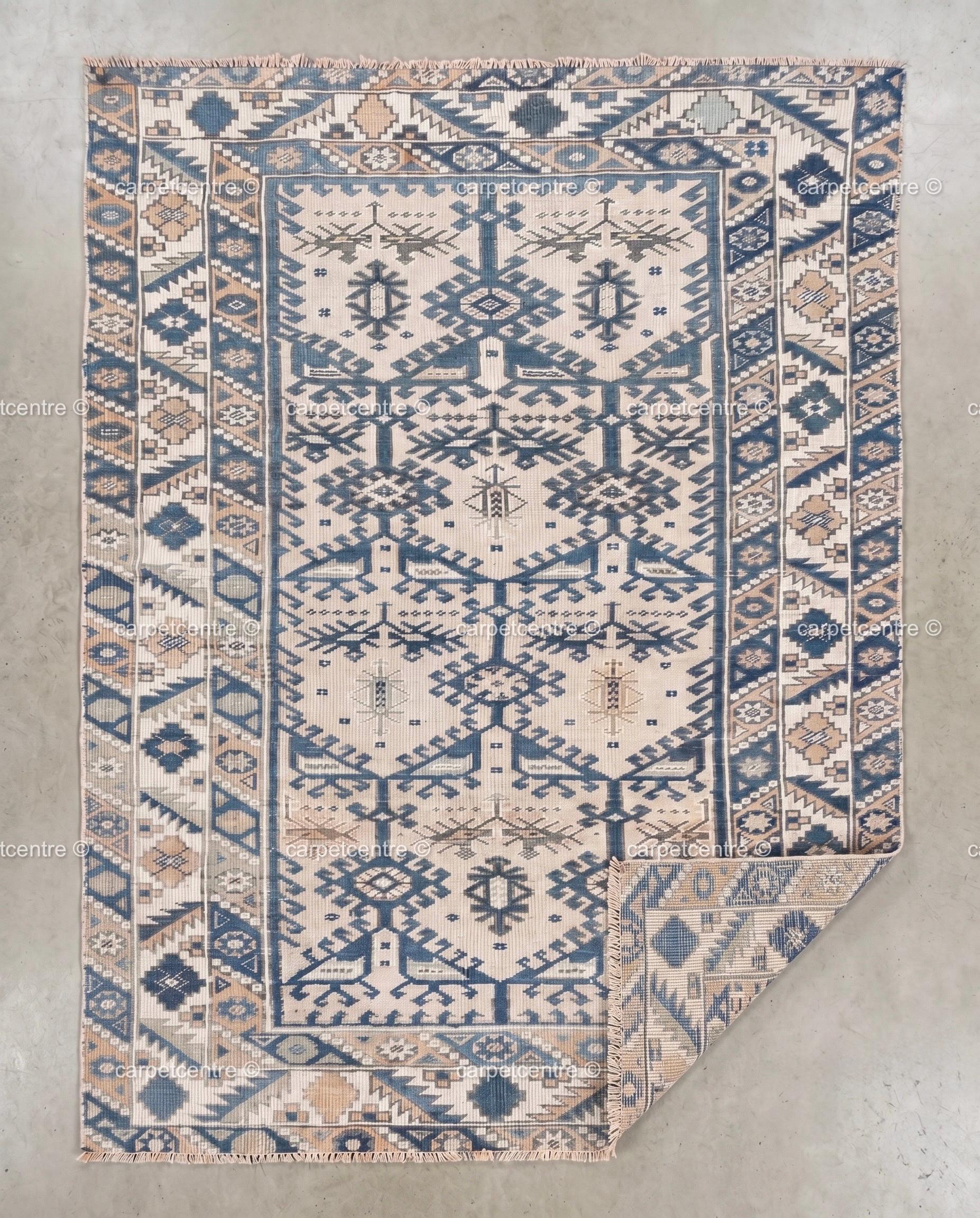 Vintage Oushak Rug | Geometric Anatolian Wool Carpet, Blue Cream Boho Tribal Area Rug