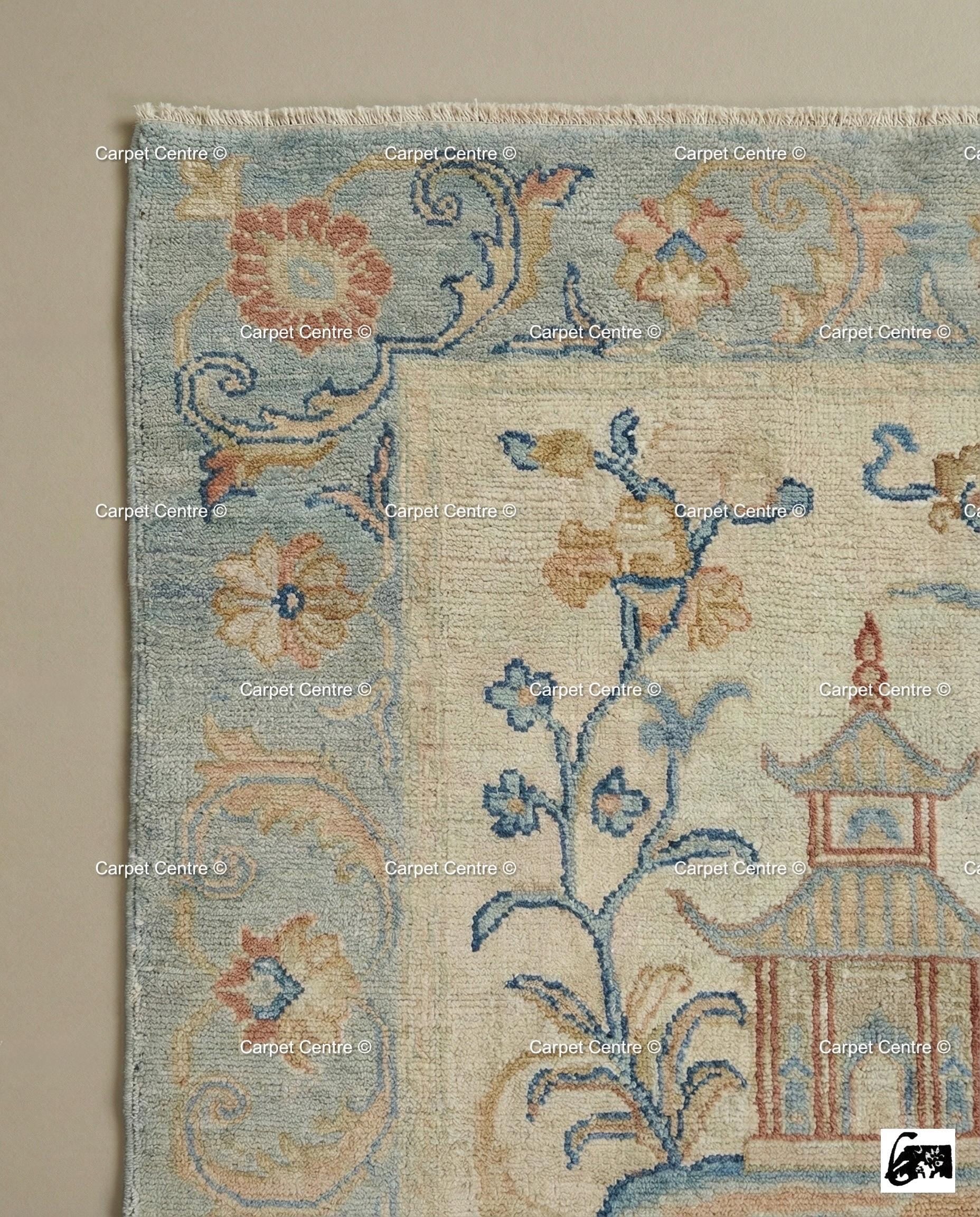 Hand-Knotted Wool Oushak Rug, Cream Chinoiserie Peking Design