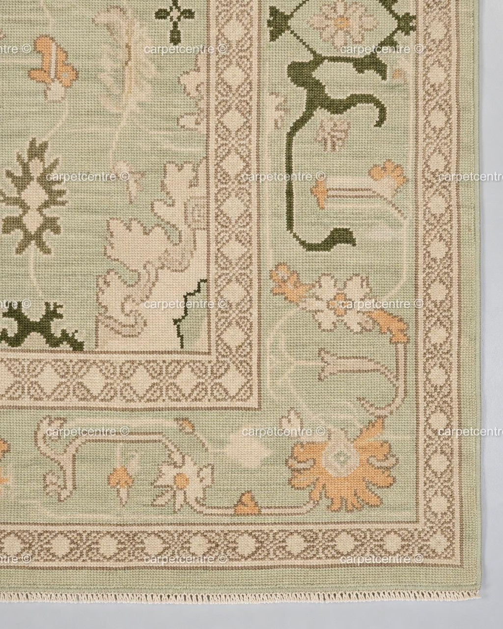 Hand Knotted Oushak Rug, Sage Green Peach Floral Wool Carpet, Turkish Style Area Rug